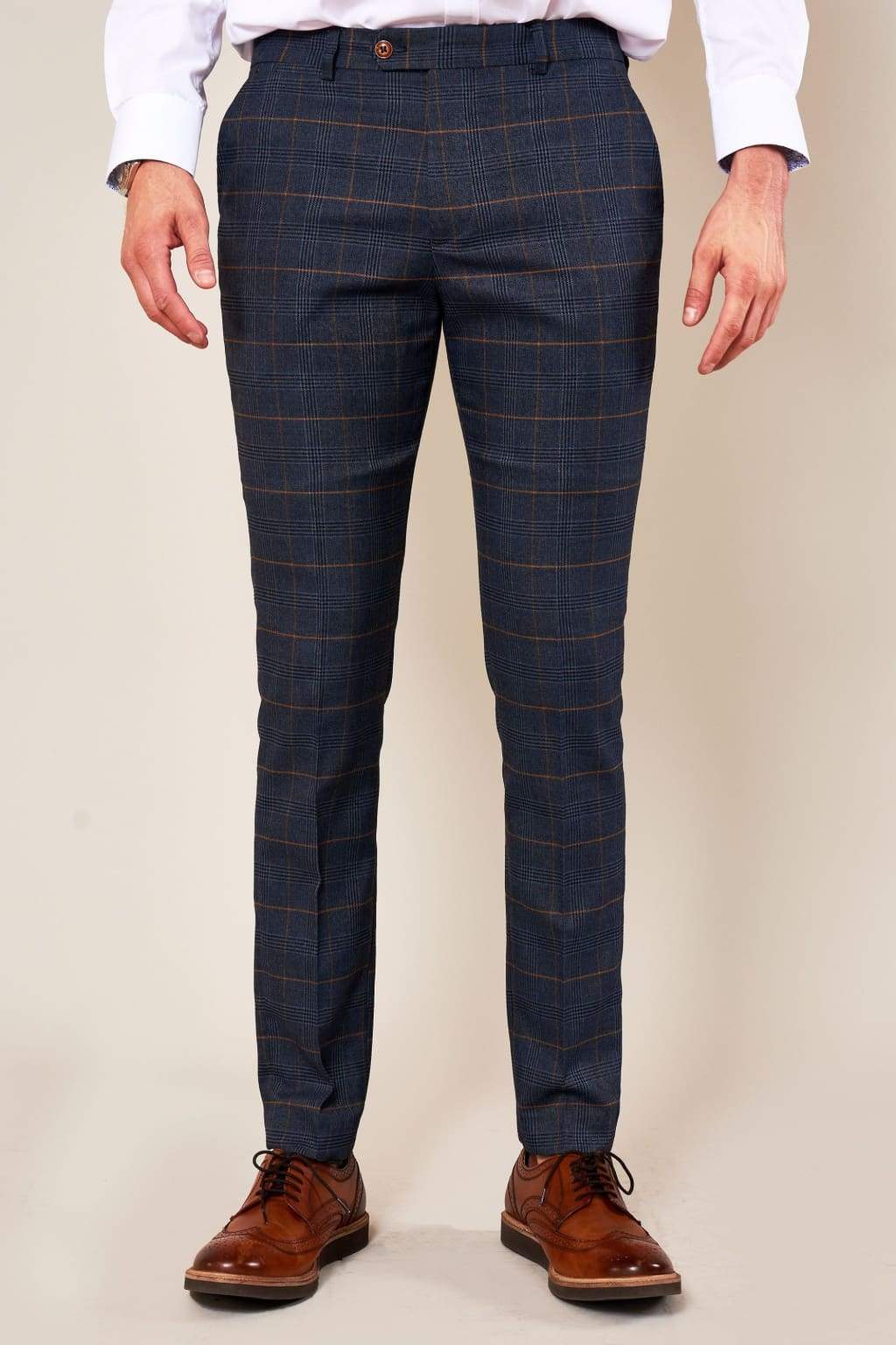 Marc Darcy Jenson Marine Navy Check Skinny Fit Trousers for Men - Slim Fit Casual Pants for Work, Office & Everyday Wear