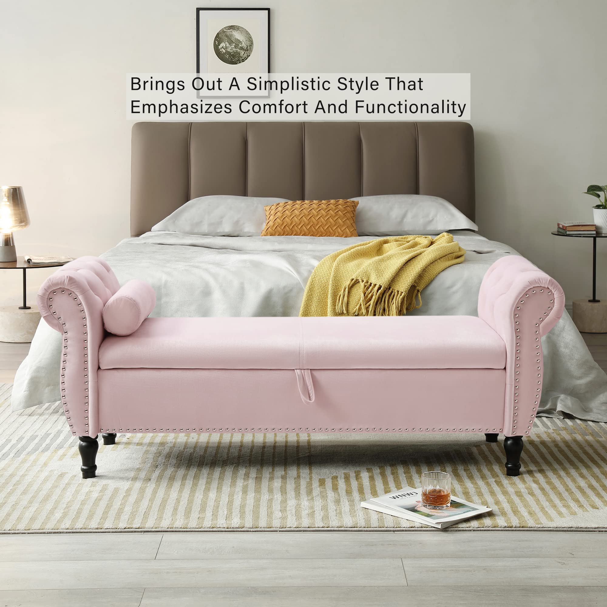 Homtique Velvet Storage Ottoman Bench - Large Tufted Bedroom Seat with Nailhead Trim, Multi-Functional Footstool & Hidden Storage for Living Room, Entryway (Pink) | Perfect for Small Space Organization & Extra Seating