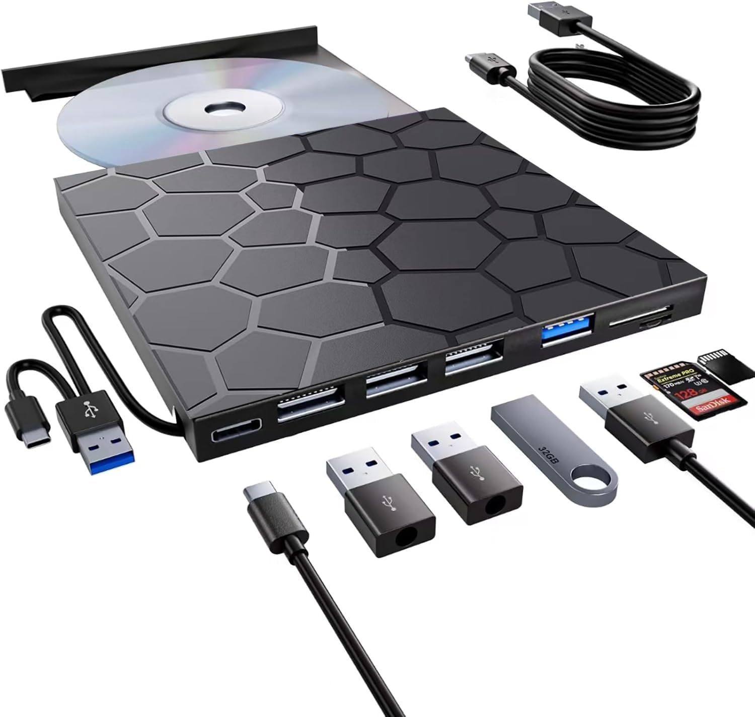 Portable External USB 3.0 CD/DVD Drive - 8-in-1 DVD-ROM +/-RW Burner & Reader for Laptop, Desktop, Mac, Windows 11/10/8/7, Linux - Perfect for Home Office, Travel & Media Backup