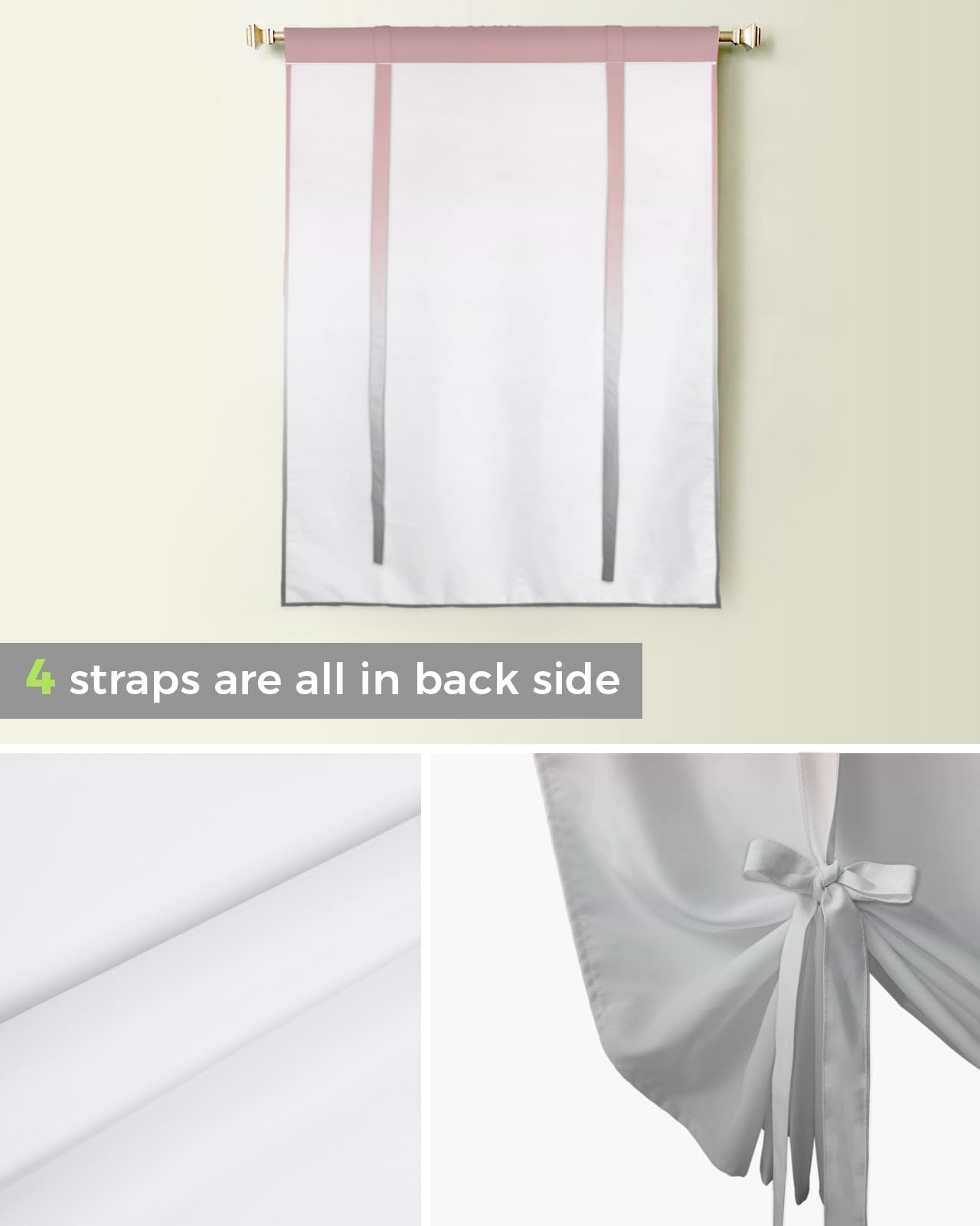 Ombre Pink and Gray Balloon Window Shade Curtain - 42 x 45 Inch Rod Pocket Short Curtain with Adjustable Tie Up for Small Windows - Perfect for Kitchen, Bathroom, and Nursery Decor - 1 Piece