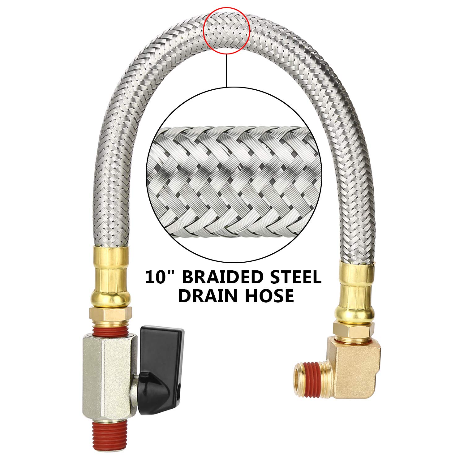 HK Extended Tank Drain Assembly Kit - 10 Inch Braided Steel Hose with 1/4 Inch Drain Valve & Elbow Fitting for Air Compressors - Perfect for Industrial, Garage & Workshop Maintenance