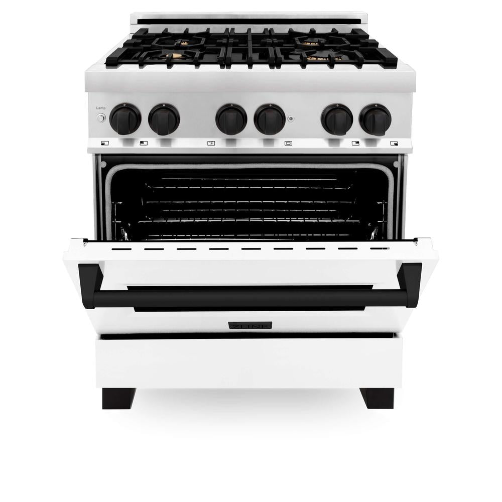 ZLINE Autograph Edition 30-inch Stainless Steel Dual Fuel Range with White Matte Door, Range Hood & Dishwasher - Matte Black Accents | Professional Kitchen Package for Home Chefs & Modern Kitchens (3AKP RAWMRHDWM30 MB)