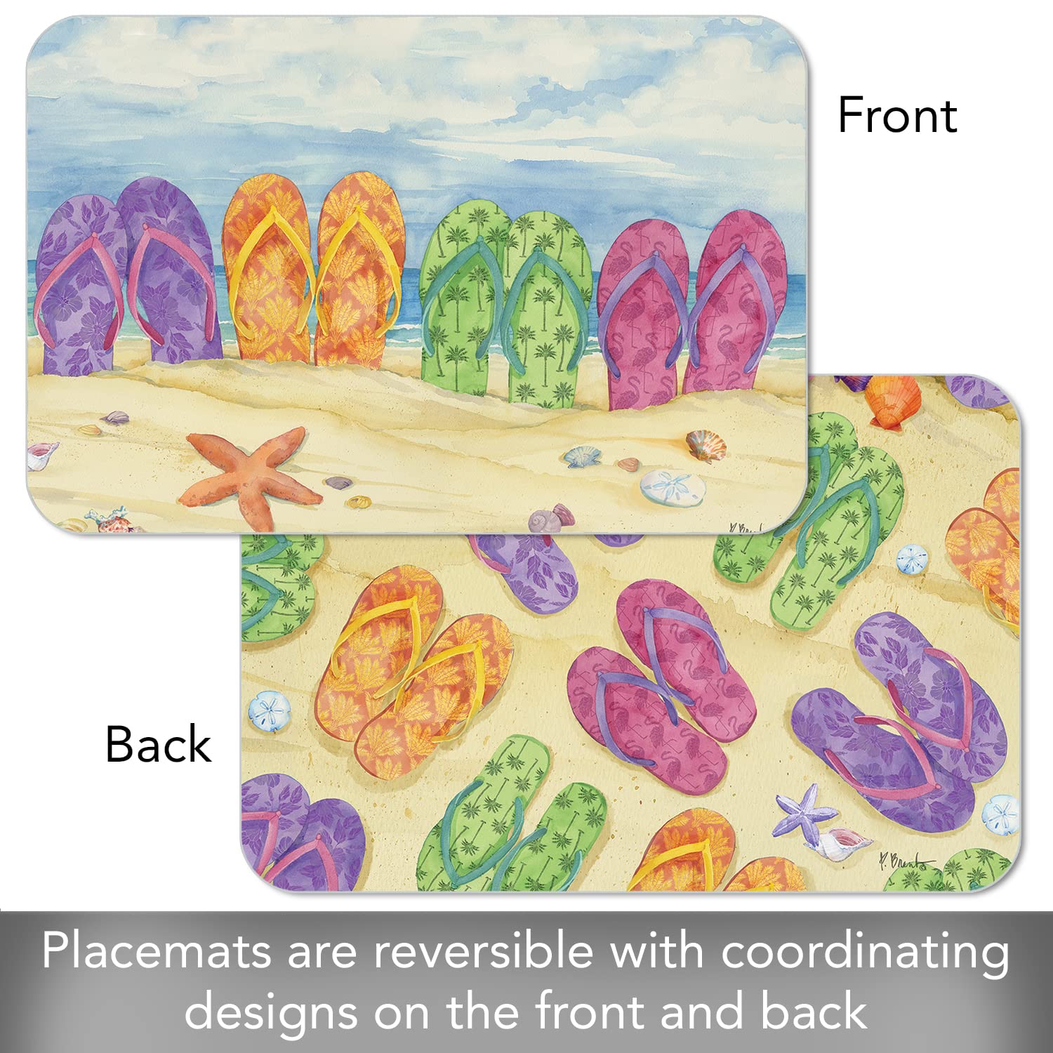 CounterArt Toes in The Sand 4 Pack Reversible Plastic Placemats - Durable, Easy-Clean & Flexible for Dining Table, Kitchen, Picnic & Outdoor Use