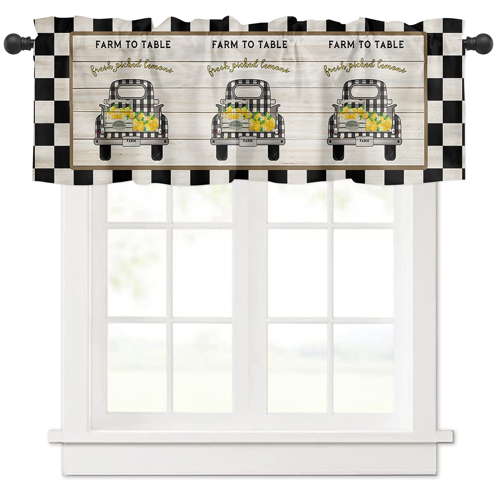 Fresh Lemon Farmhouse Kitchen Valances - Rod Pocket Window Curtains with Floral Fruit & Buffalo Check Plaid Design - 54x18 Inch - Perfect for Farmhouse, Cottage, Rustic Kitchen, Living Room & Bedroom Decor