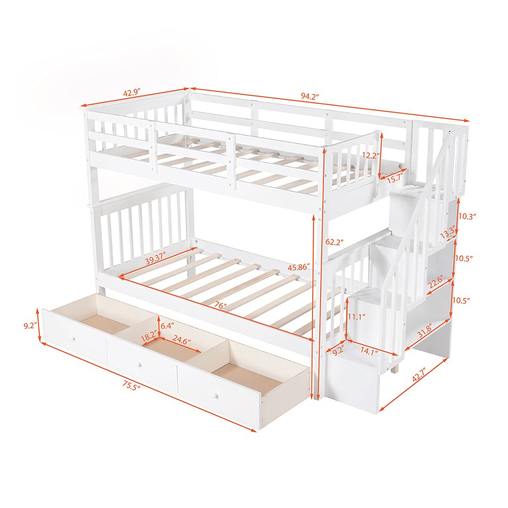 Twin Over Twin Wooden Bunk Bed with 3 Drawers - Space Saving Bedroom & Dorm Furniture - No Box Spring Required - White Finish - Perfect for Kids' Rooms, Guest Bedrooms & Small Spaces