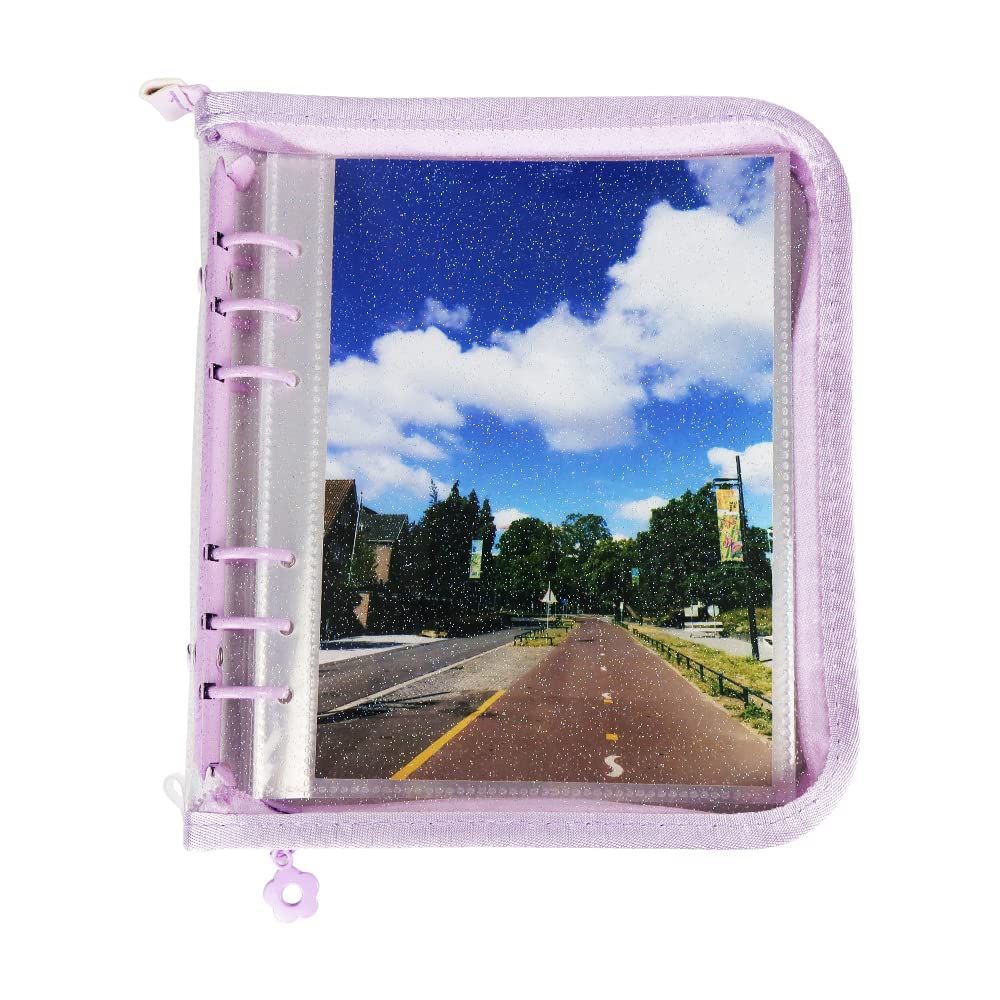 Glitter A6 Purple Photocard Zipper Binder - 6-Ring PVC Cover with 25 Clear Pocket Sheets & Photo Album Sleeves | Perfect for Kpop Photocard Collectors, Trading Card Organizers, and Memory Scrapbooking