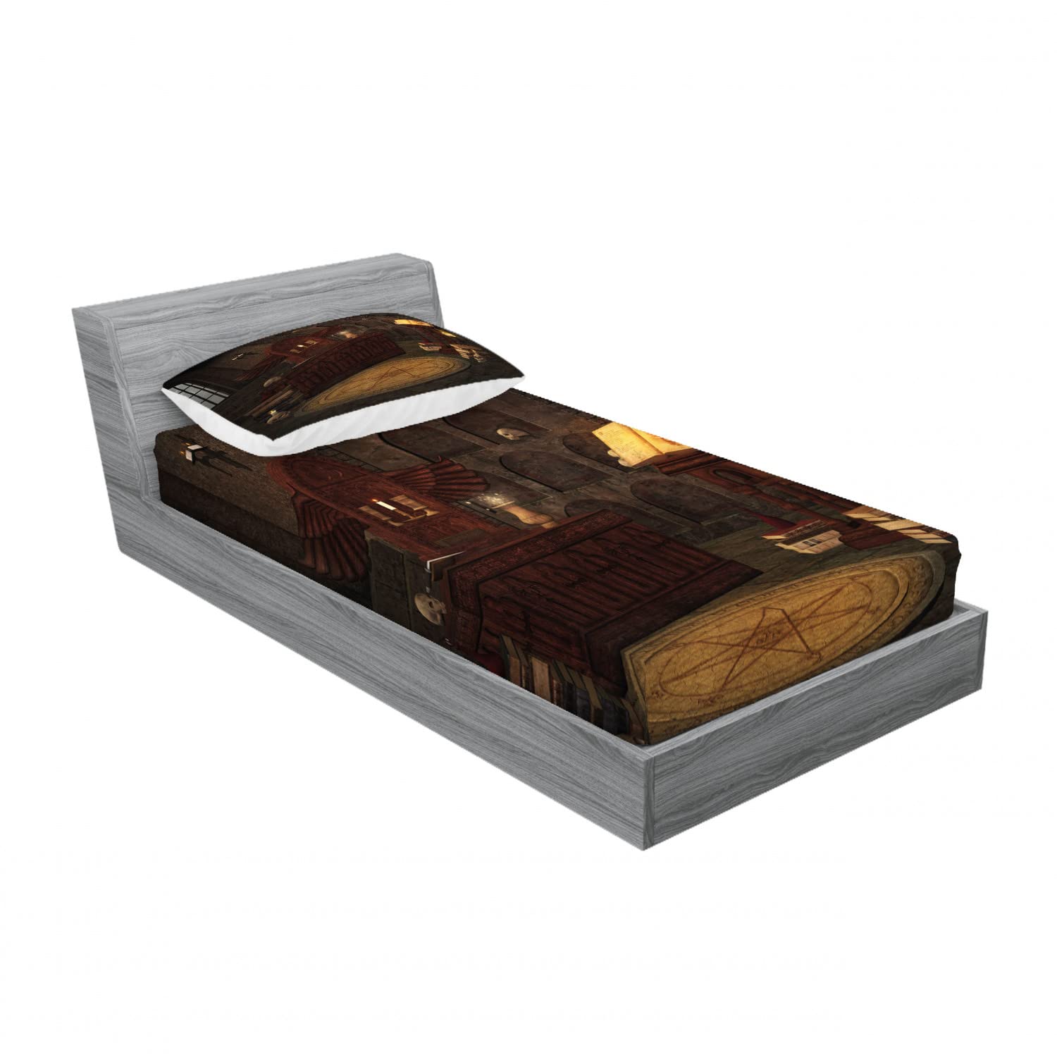 Ambesonne Gothic 2-Piece Twin XL Bedding Set - Skull & Magician Print Fitted Sheets & Pillow Shams (Brunette Brown) | Dark Fantasy Home Decor for Halloween, Gothic Bedroom, or Themed Party