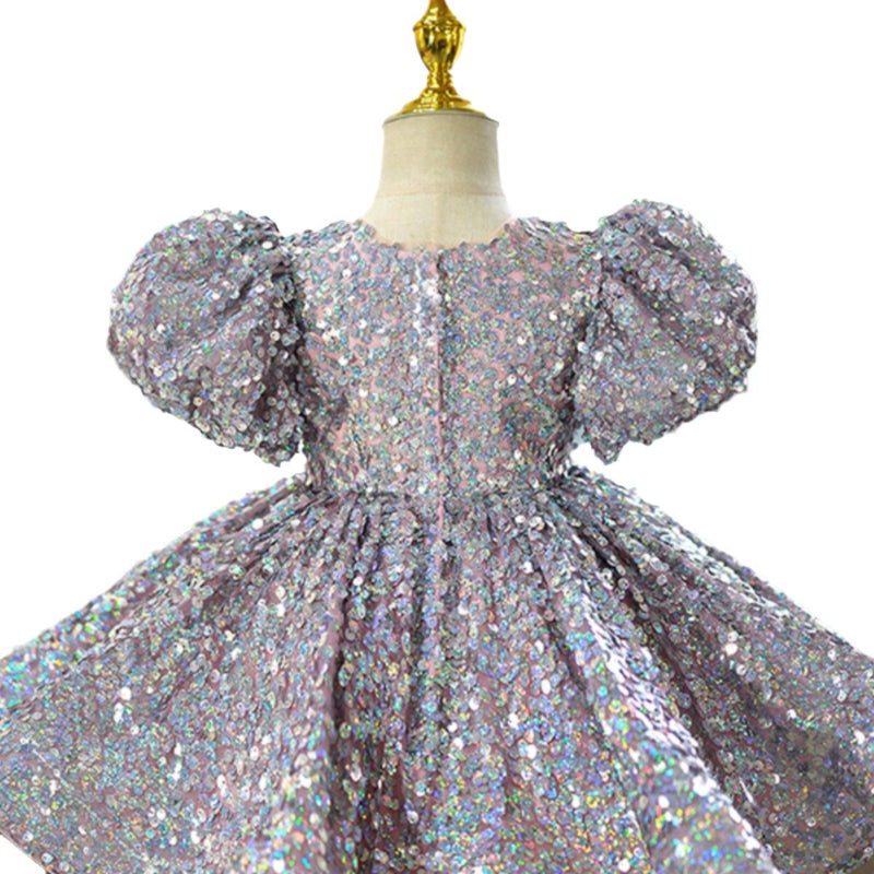 Elegant Baby Silver Sequin Puff Sleeve Dress for Toddlers - Perfect for Prom, Birthday Party, and Special Occasions