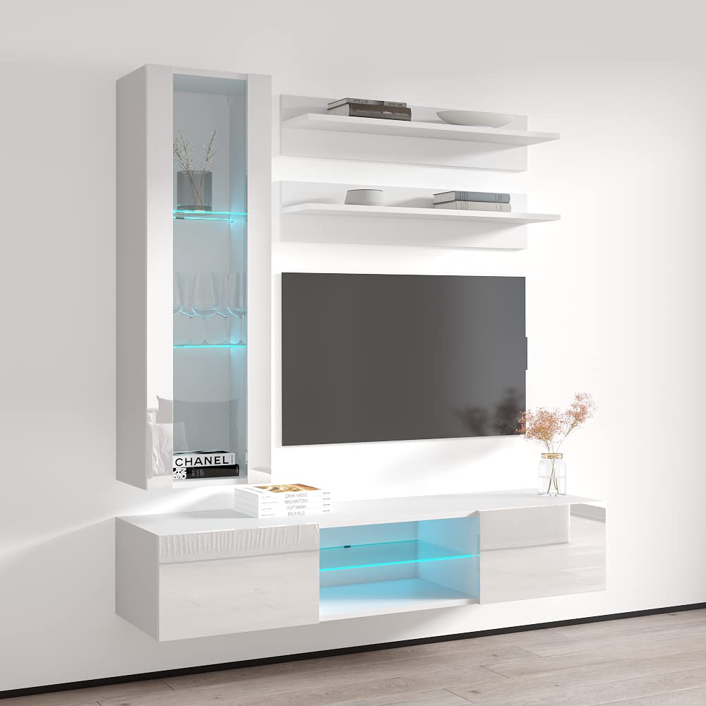 Modern Floating TV Stand with Storage & LED Lights - Wall-Mounted Entertainment Center for Bedroom & Living Room - H2 33