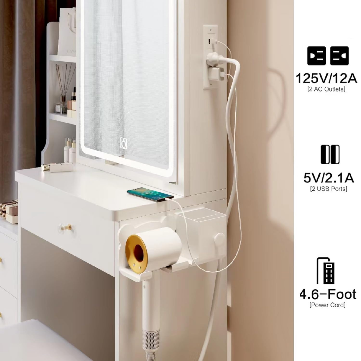 HOUAGI White Makeup Vanity Desk with Mirror & Lights for Small Bedroom - Perfect Dressing Table Set