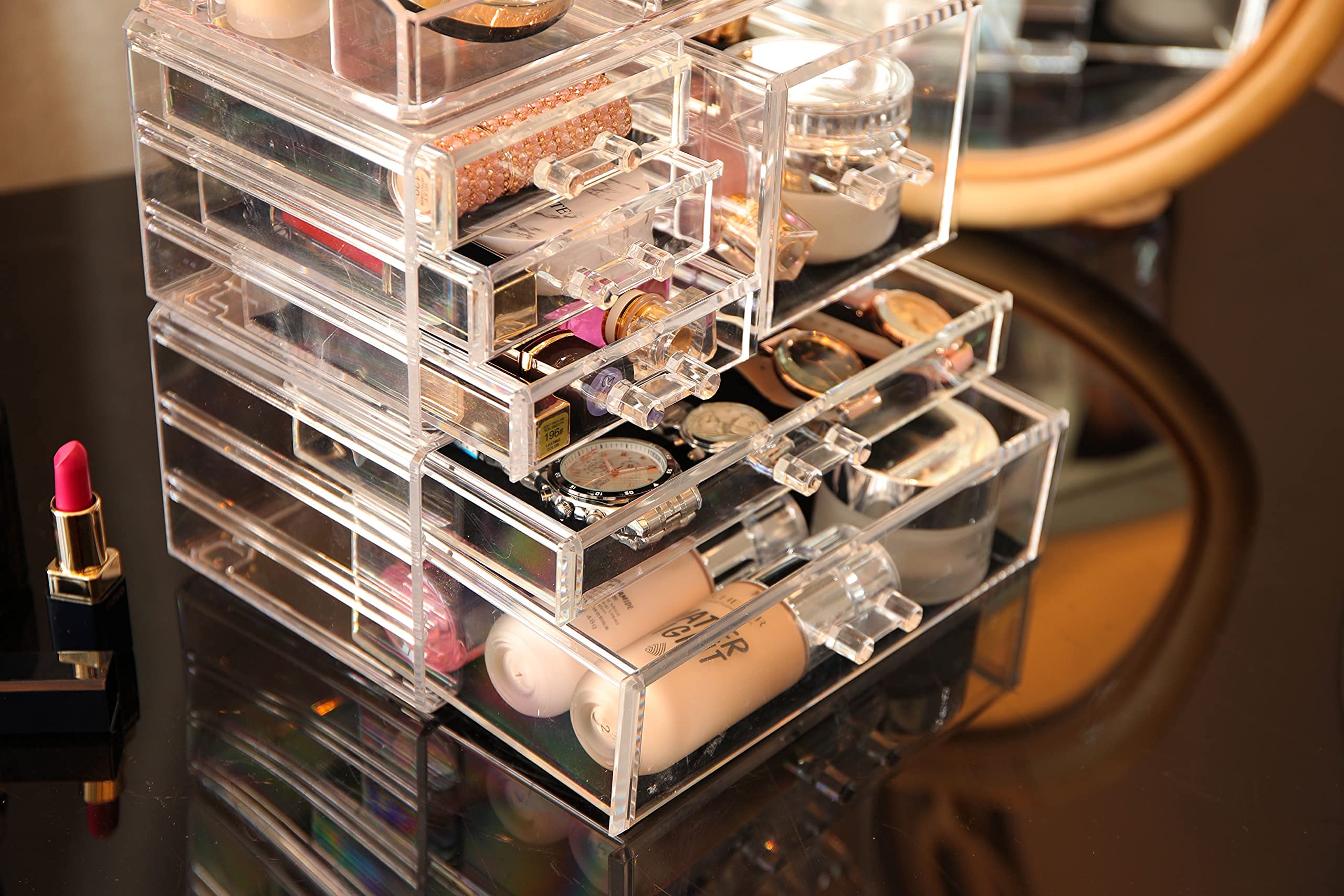 3-Pack Clear Acrylic Makeup Organizer with 6 Stackable Drawers - Skincare, Jewelry & Beauty Product Storage for Vanity, Desk, Bathroom & Bedroom Organization