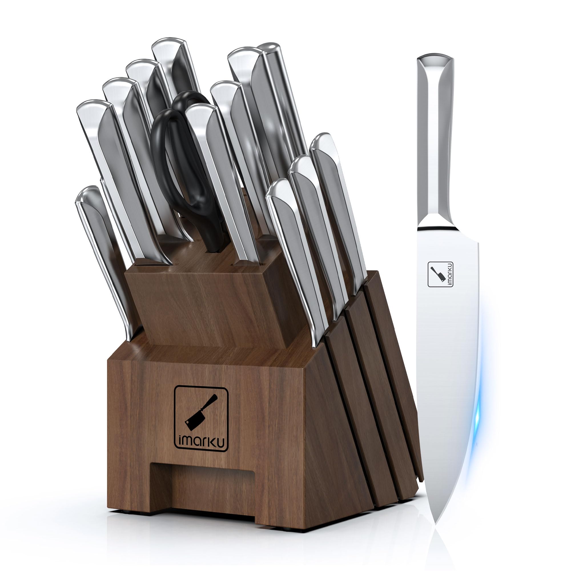 Imarku 16-Piece High Carbon Stainless Steel Kitchen Knife Set with Wooden Block - Ultra Sharp Japanese Knives with Non-Slip Dotted Ergonomic Handles - Perfect for Home Chefs, Cooking Enthusiasts & Gift Giving