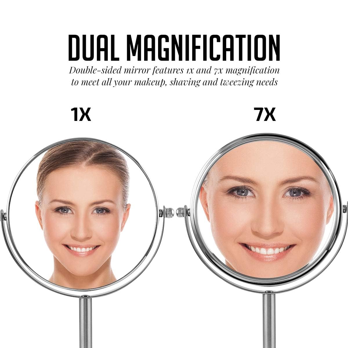 OVENTE 6-Inch Double-Sided Vanity Mirror with 1X/7X Magnification, 360° Swivel Stand - Brushed Nickel Makeup Mirror for Dresser, Bedroom & Office Desk | Perfect for Makeup Application, Skincare Routine & Grooming