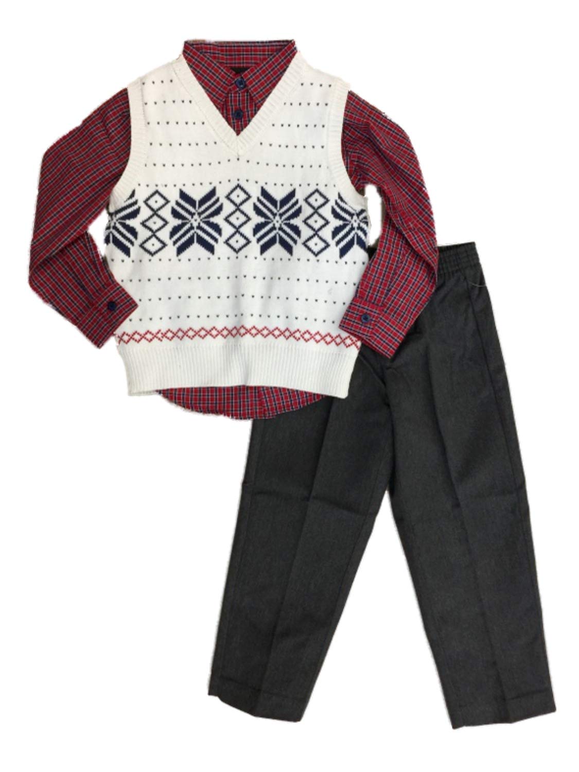 TFW Toddler Boys Suit Set - White Snowflake Vest, Plaid Shirt & Pants Outfit 4T - Formal Wear for Christmas, Photoshoot & Special Occasions