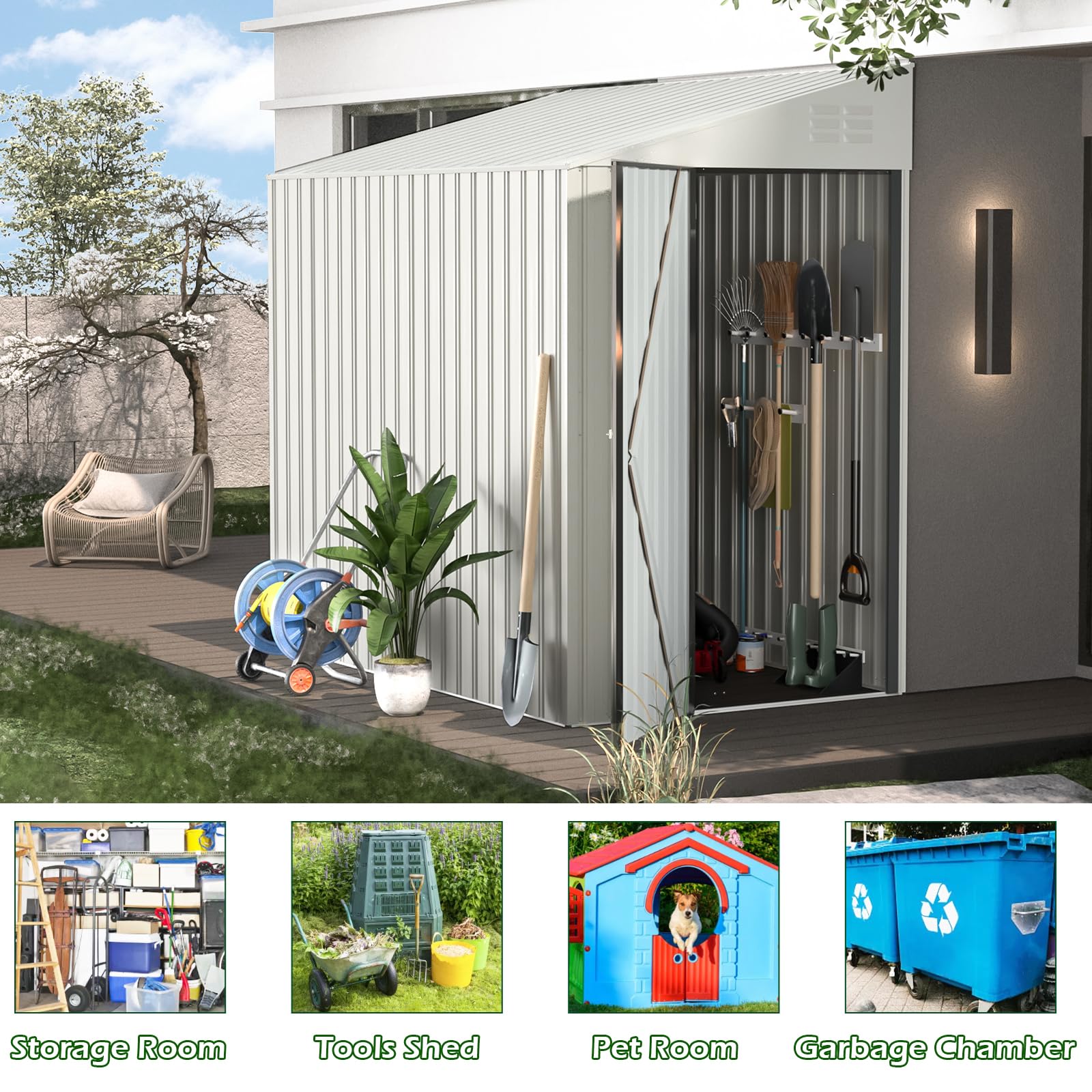 AECOJOY 4.2' x 7' Outdoor Lean-to Metal Storage Shed with Side Door - White | Weatherproof Garden Shed for Backyard, Patio & Outdoor Storage | Perfect for Storing Lawn Tools, Bikes & Seasonal Items