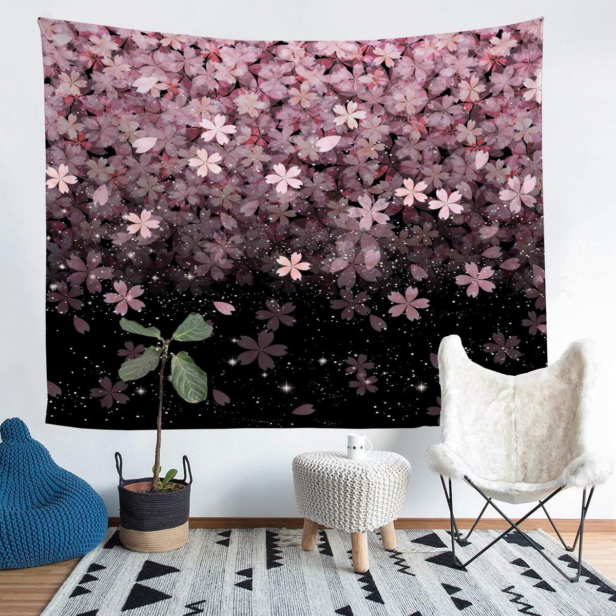 Erosebridal Cherry Blossom Wall Tapestry - Pink Floral Wall Hanging with Glitter Starry Sky Design, Large 59x82 Inch - Perfect for Bedroom, Living Room & Dorm Decor