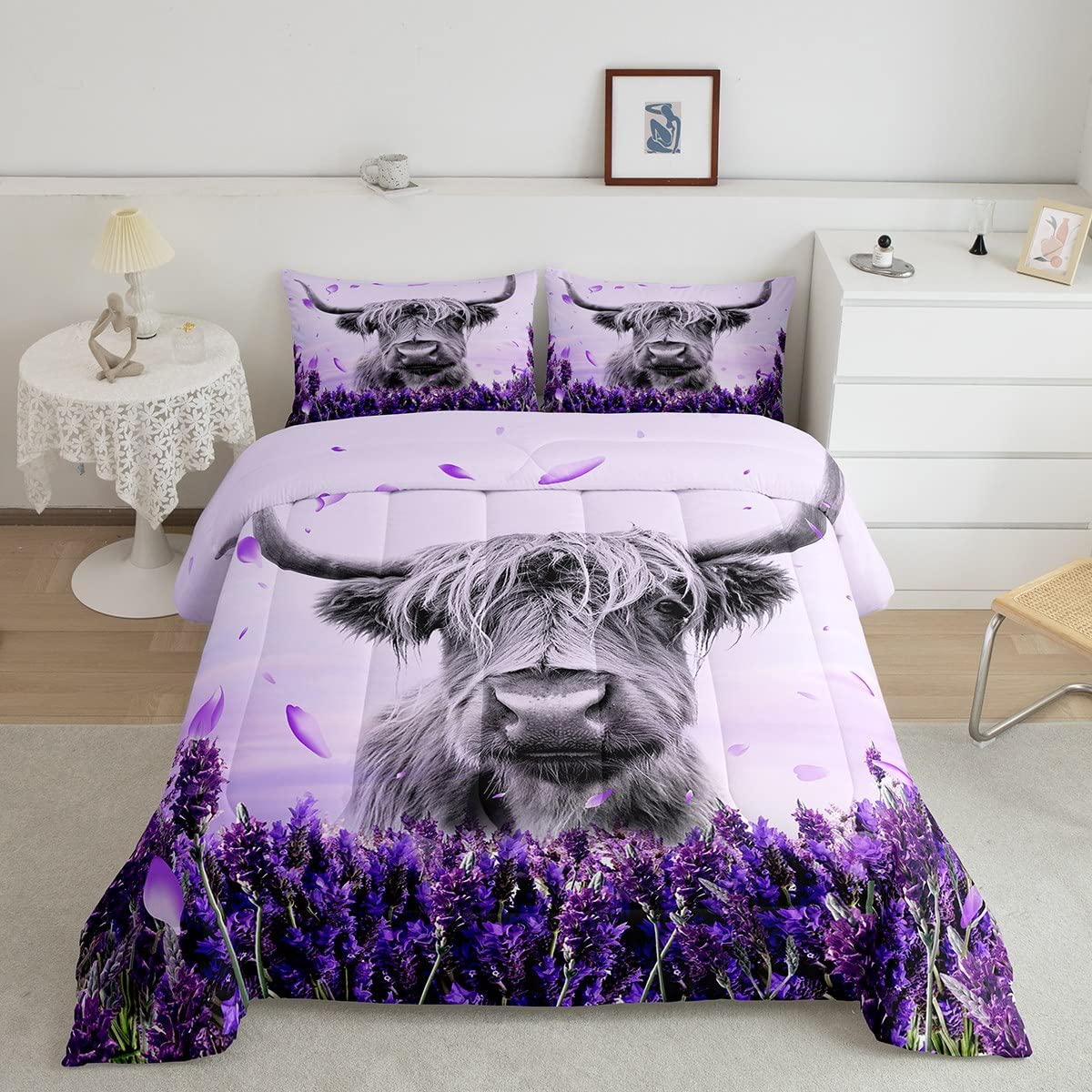 Erosebridal Highland Cow Bedding Set Queen Size - Purple Lavender Comforter Set with 2 Pillow Shams | Farm Animal Cow Duvet Insert for Kids, Teens & Adults | Western Farmhouse Cattle Down Alternative Comforter | Perfect for Country Themed Bedrooms & Cozy Farmhouse Decor
