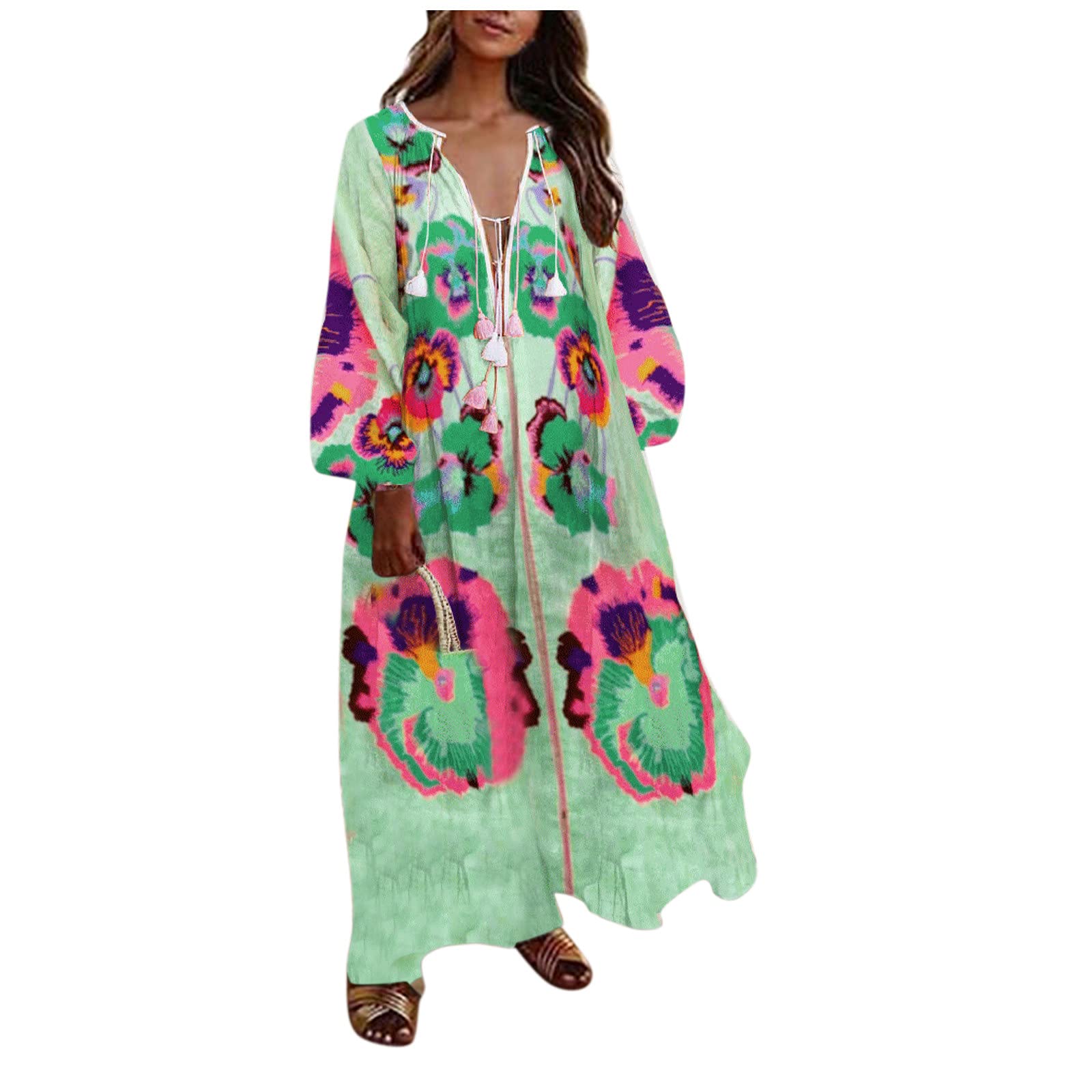 JINF Women's Casual Summer Dress - Floral Print V-Neck Short Sleeve Ruffled Split Hem Maxi Dress in Green | Perfect for Beach Vacation, Date Night & Summer Outings