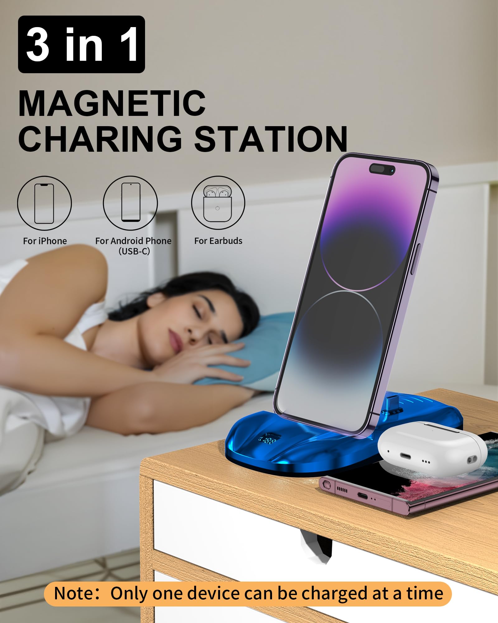 100W Magnetic Charging Station for iPhone 15/14/13 Pro Max, Samsung, USB-C Devices & AirPods | Multi-Device Fast Charger Stand with Magnetic Cable (Adapter Not Included) - Blue | Perfect for Home, Office & Travel Charging