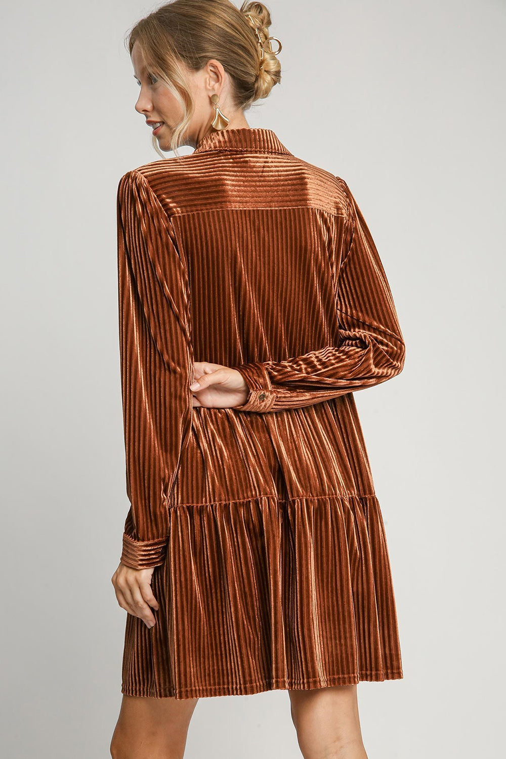 Textured Tiered Collar Long Sleeve Resort Dress for Women - Beach Vacation, Summer Party & Casual Outfit