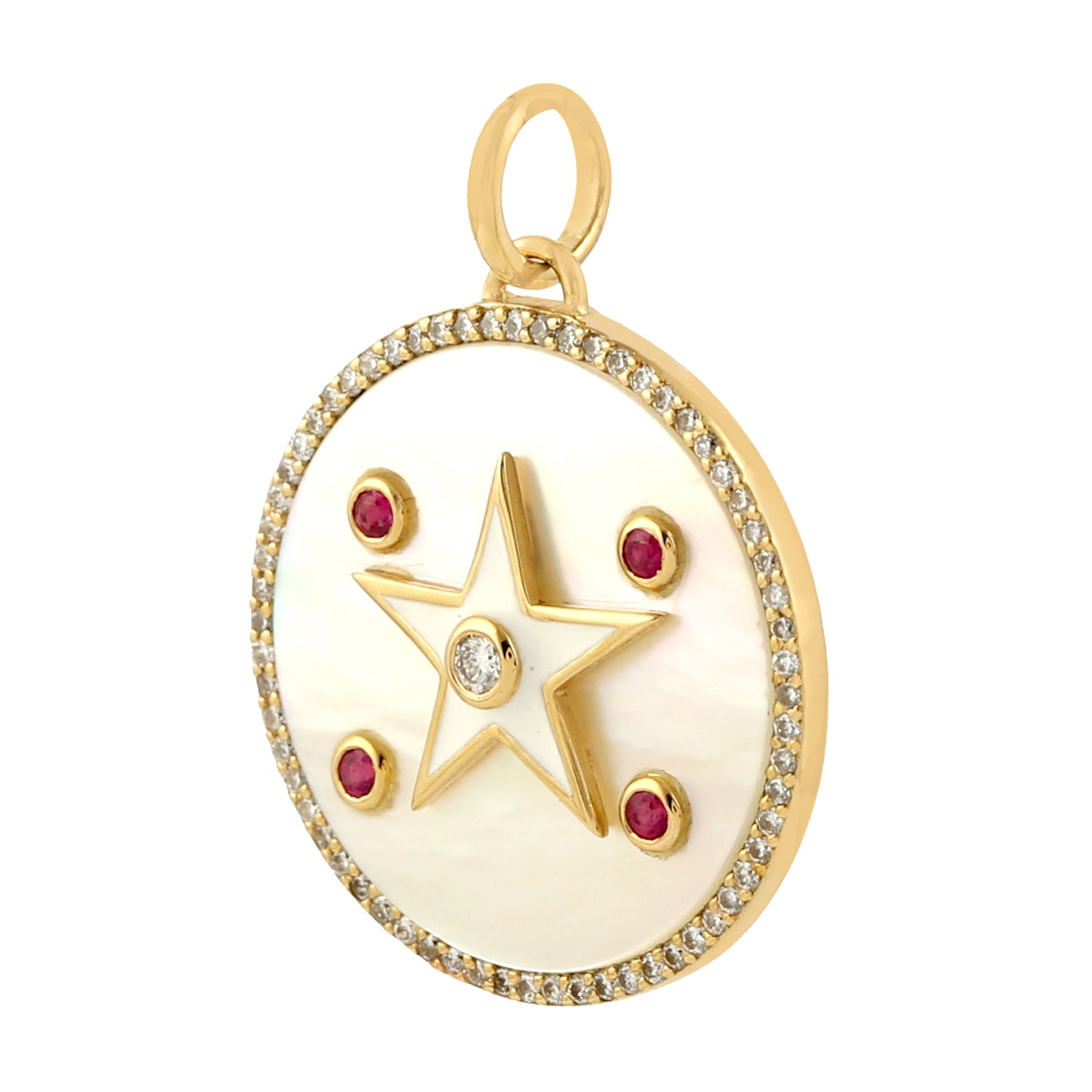 14K Yellow Gold Mother of Pearl Bezel Ruby Pavé Diamond Star Pendant Necklace - Elegant Jewelry Gift for Women, Perfect for Birthdays, Anniversaries & Special Occasions