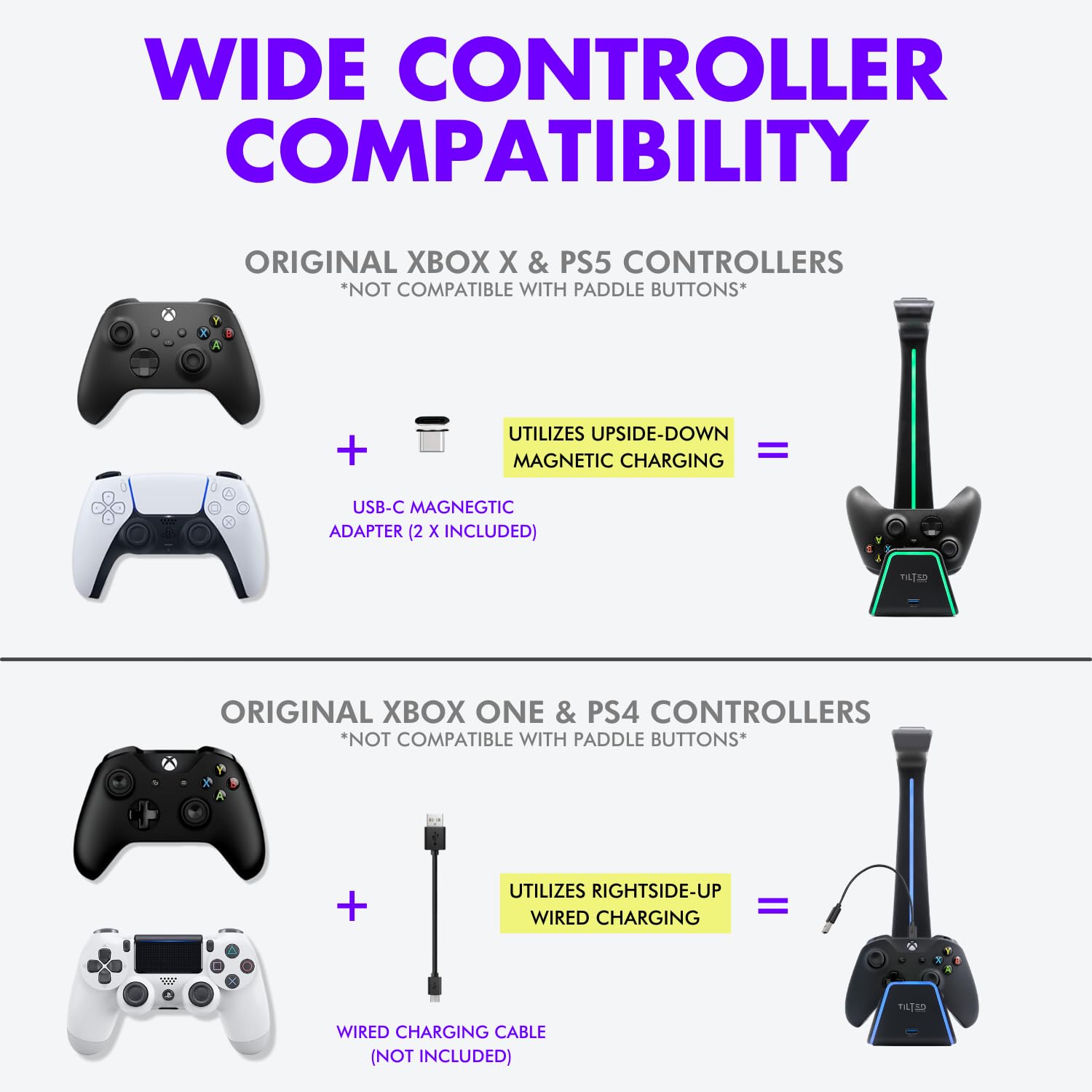 Tilted Nation RGB Gaming Headset & Controller Stand with Wireless Charging Station - Compatible with PS4, PS5, PC - Dual Charger for Headphones & Game Controllers - White Desk Organizer for Gaming Setup & Streaming Station