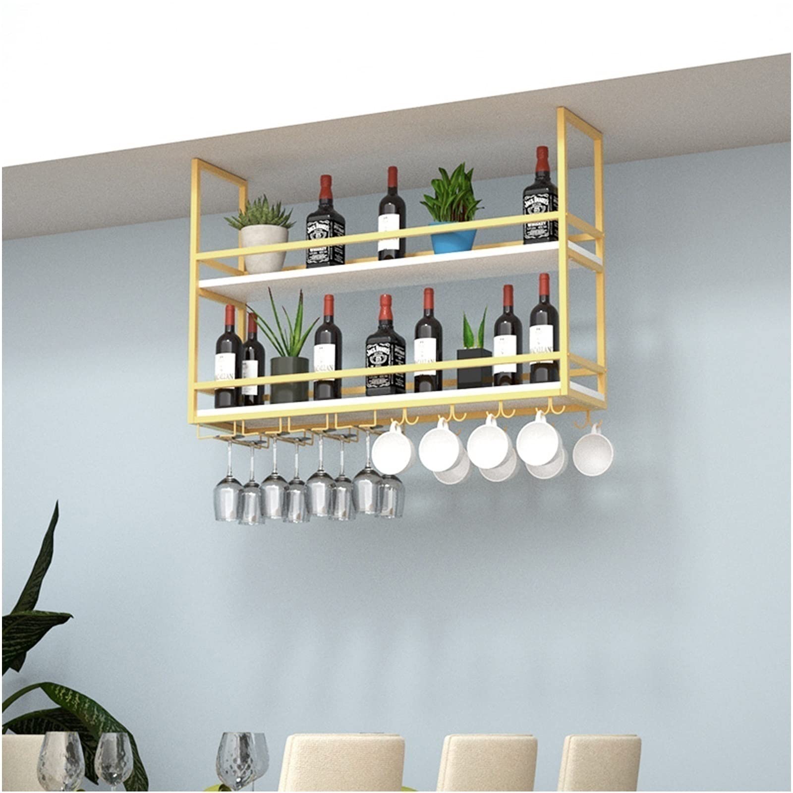 Floating Shelf with Guardrail - Wall Mounted & Ceiling Hanging Wine Glass Rack, Solid Wood & Wrought Iron Display Stand for Kitchen, Living Room, Bar - Perfect for Wine Storage, Plant Display and Home Decor Organization