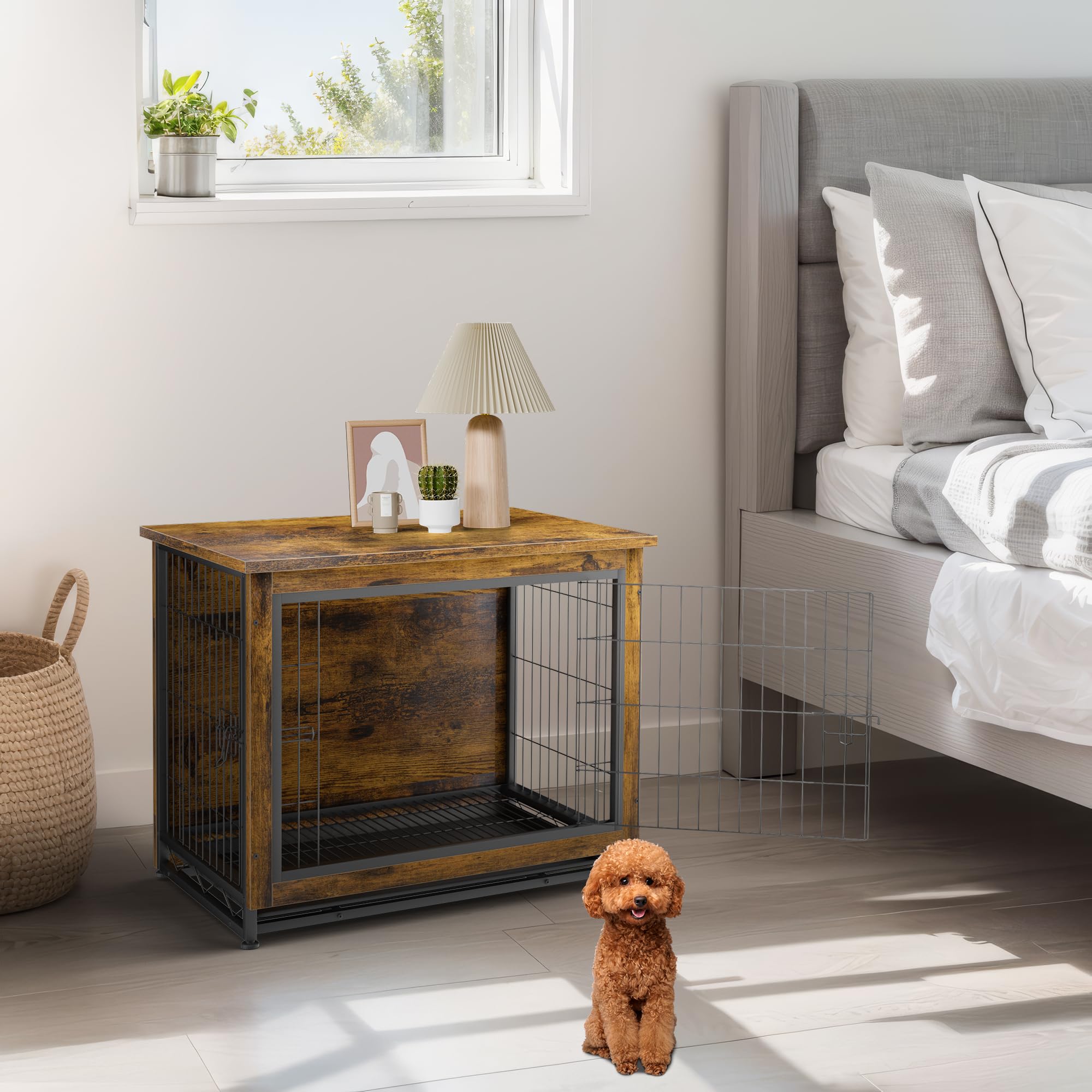 Premium Wooden Dog Crate Furniture with Double Doors - Indoor Dog Kennel, Pet House & Cage in Brown - Perfect for Living Rooms, Bedrooms & Home Decor