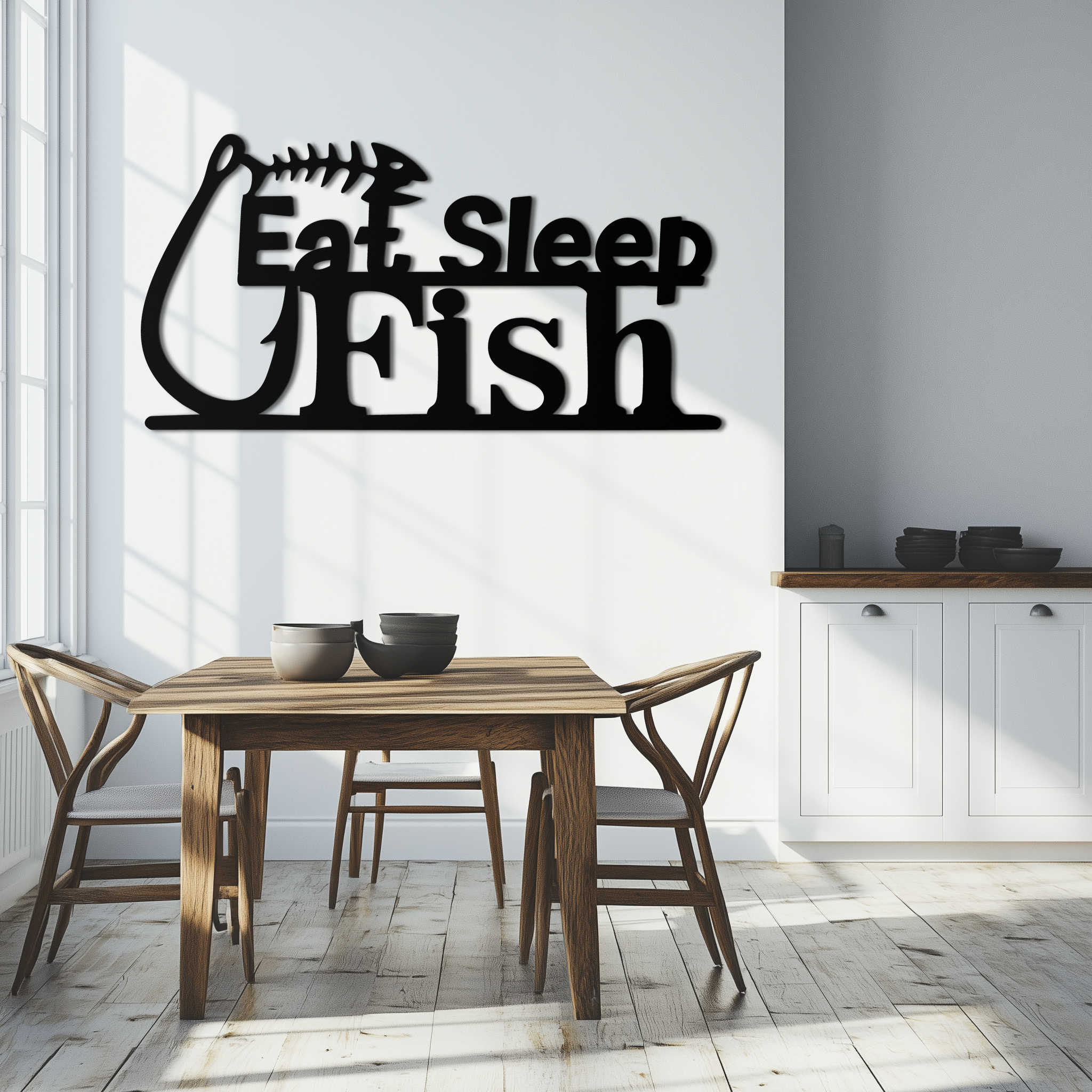 Eat Sleep Fish Metal Wall Art - Rustic Fishing Decor with Hook Design for Home & Office | Perfect Gift for Fishing Enthusiasts | Durable Metal Sign for Man Cave, Garage or Cabin Decor