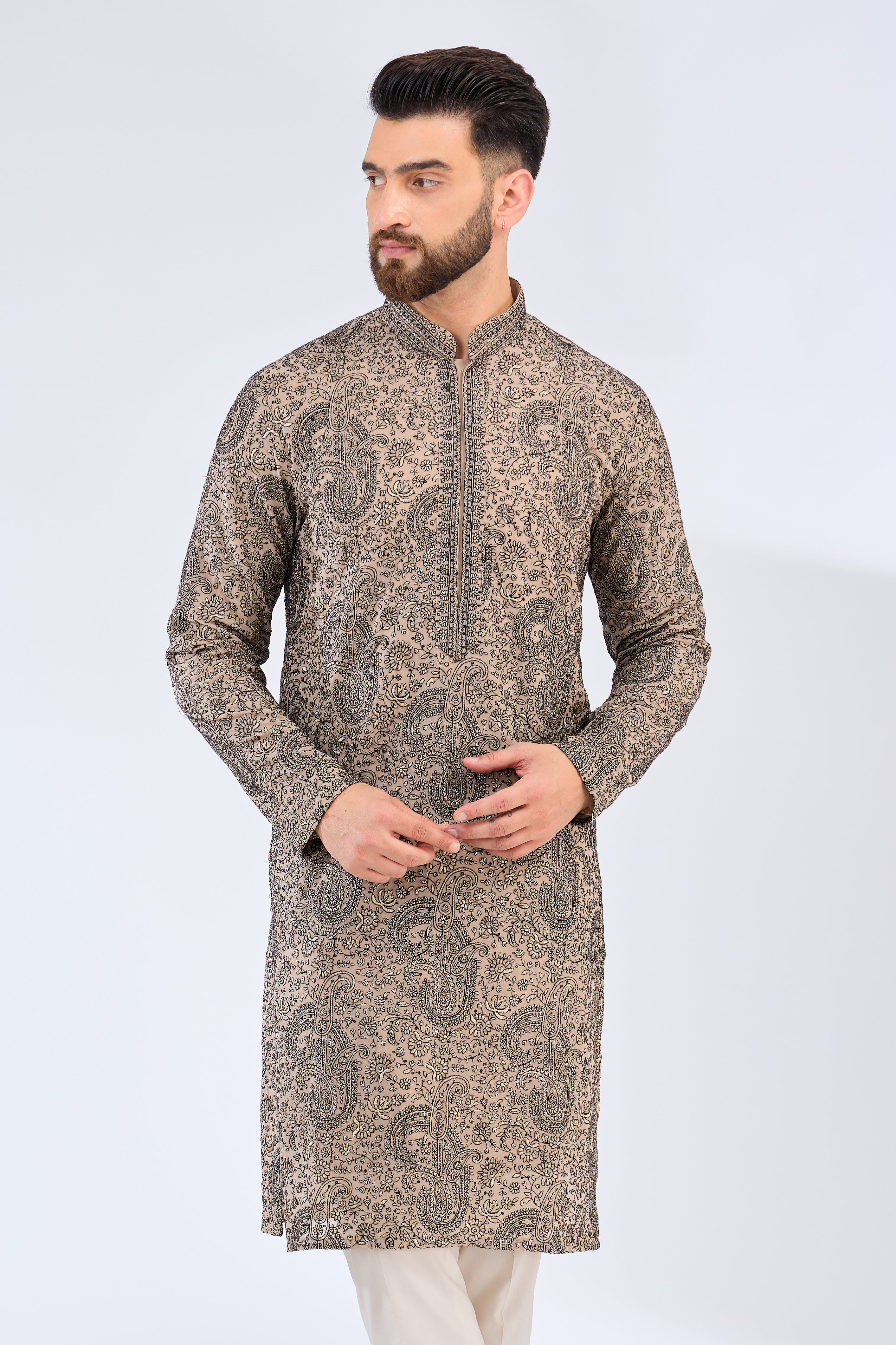 Exquisite Paisley Embroidered Kurta with Intricate Neckline - Elegant Indian Ethnic Wear for Festivals, Weddings & Special Occasions