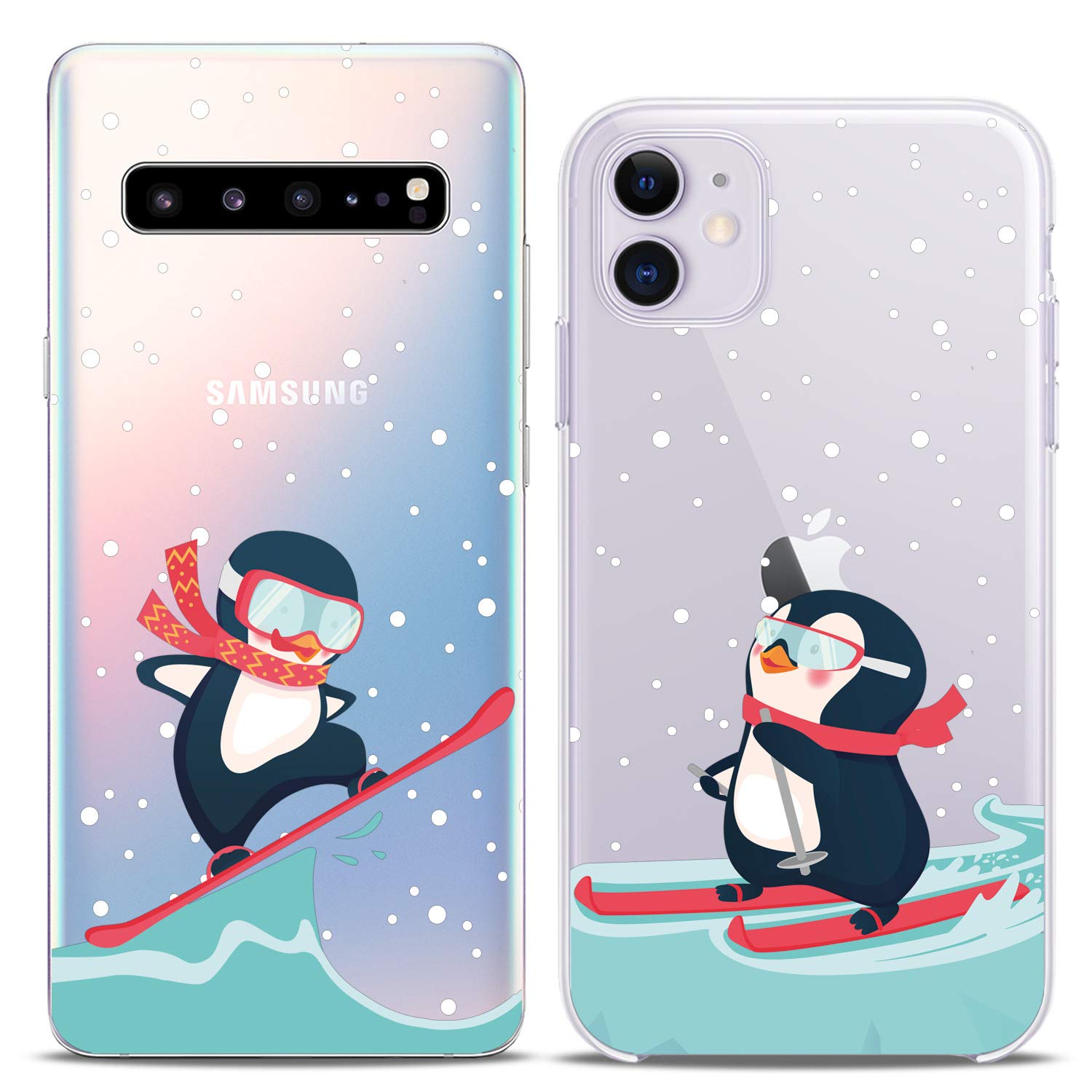 Matching Cute Penguin Winter Couple Phone Cases for iPhone 16/15/14/13/12/11 Pro Max/Mini/Xs/X/8 Plus/7/Xr/10/SE/5 - Snow Christmas Silicone Cover for Girlfriend BFF Couples Gift | Perfect for Anniversary, Valentine's Day & Winter Holidays