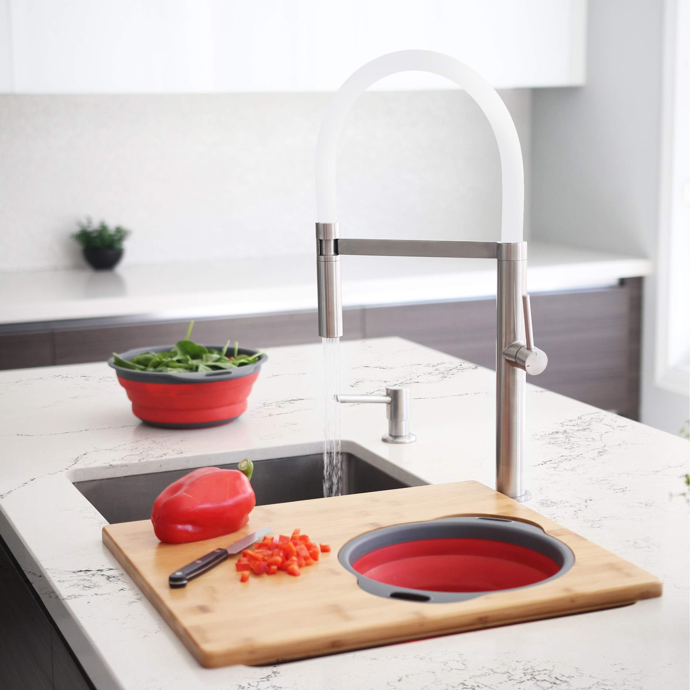 Stylish Pull-Out Kitchen Faucet with Dual Function Sprayer - Single Handle Brushed Stainless Steel Sink Faucet with Silicone White Hose, Ceramic Cartridge & Aerator (Model K-140H) - Perfect for Modern Kitchens, Dishwashing & Food Prep
