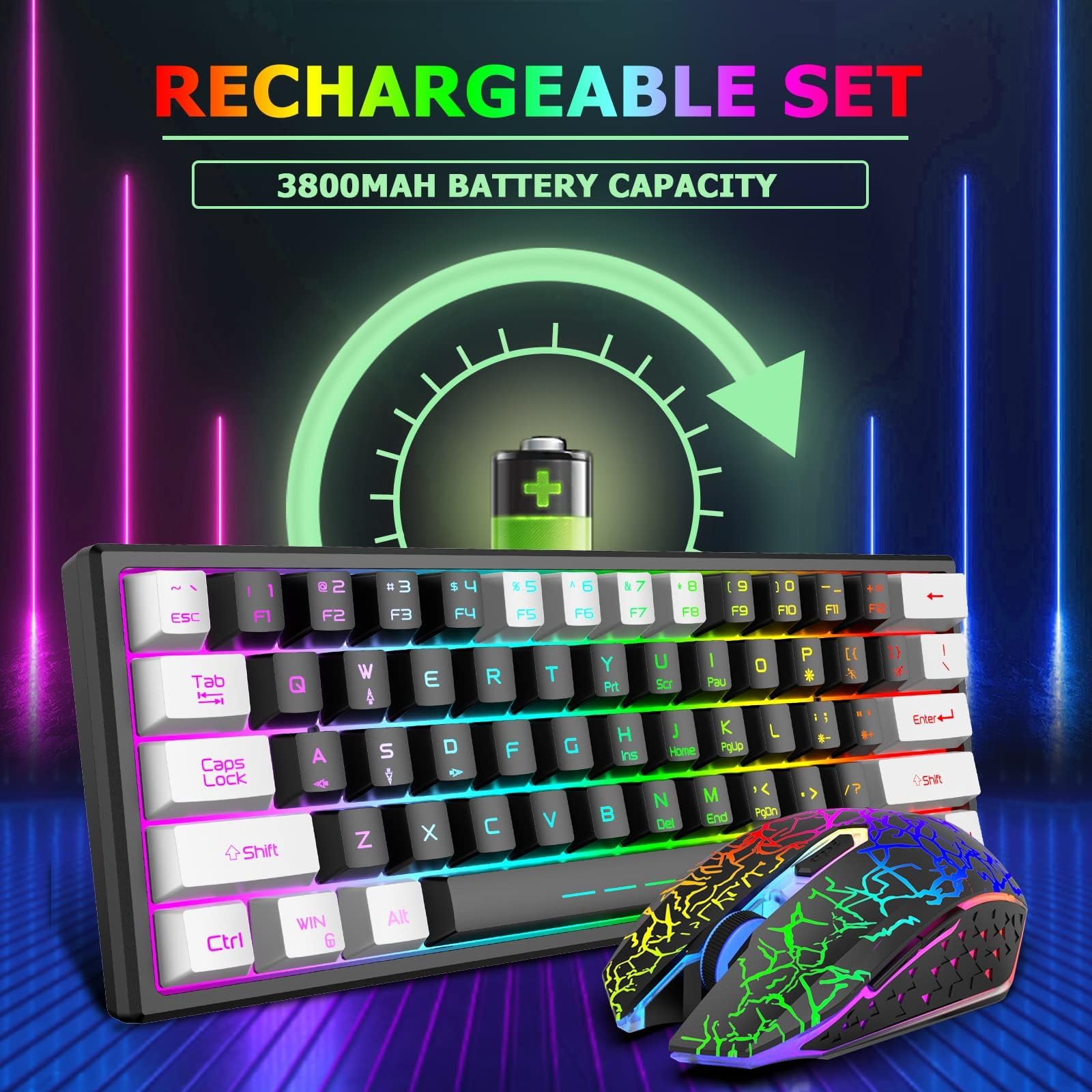 60% Wireless RGB Gaming Keyboard & Mouse Set - Rechargeable, Mechanical Feel for PC/Mac Gamers