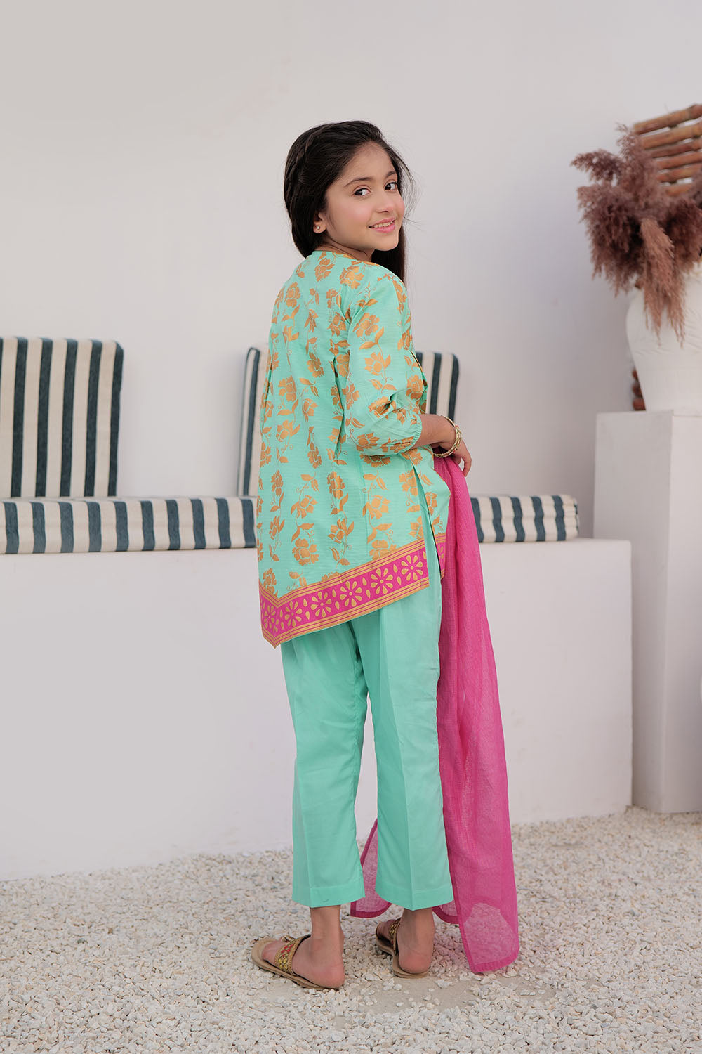 Premium Cotton Dobby Gold Print Sea Green Stitched Suit for Women - Elegant Senorita Outfit for Parties, Weddings & Special Occasions
