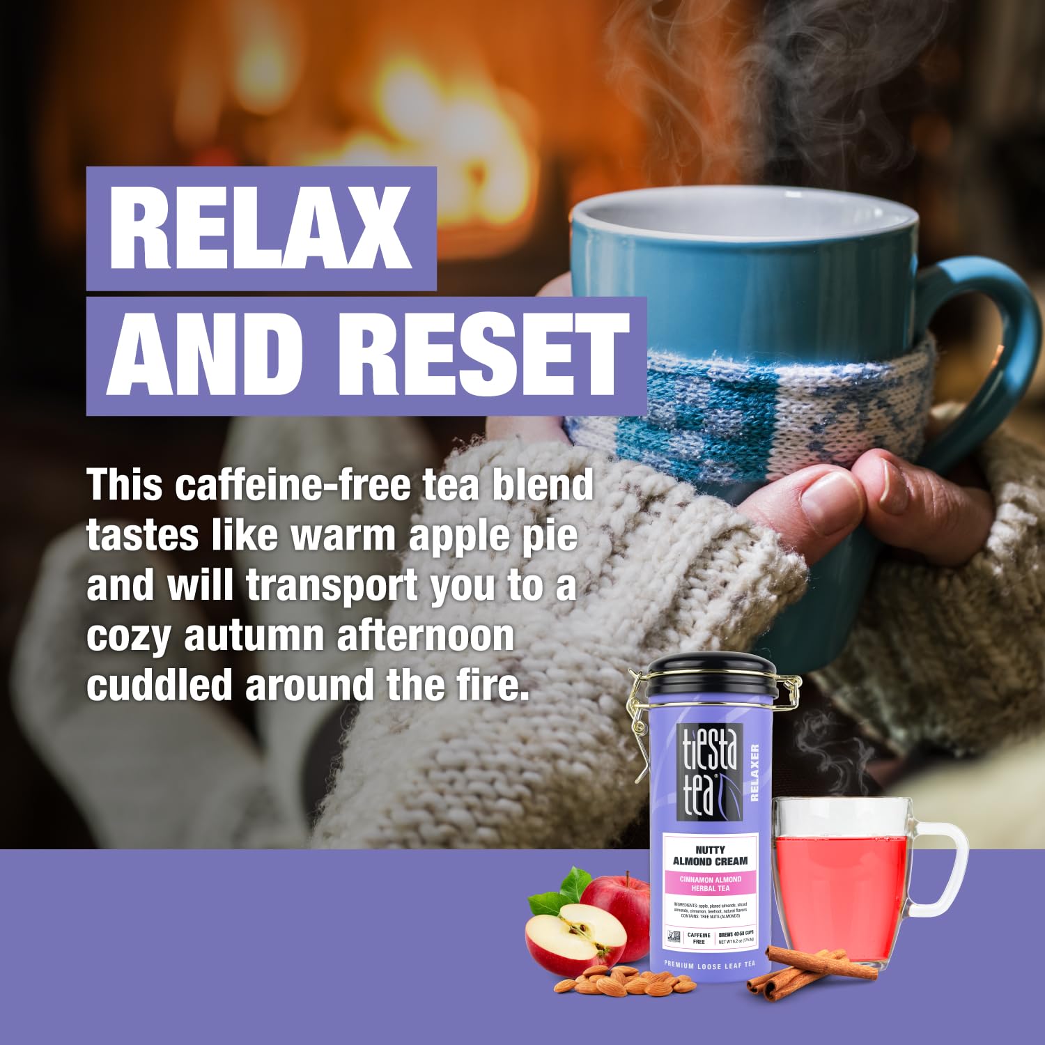 Premium Nutty Almond Cream Loose Leaf Herbal Tea - Cinnamon Almond Flavor, Non-Caffeinated Fruit Blend | Hot or Iced Tea | 6.2oz Refillable Tin (50 Cups) | Perfect for Relaxation, Afternoon Tea & Gift Giving
