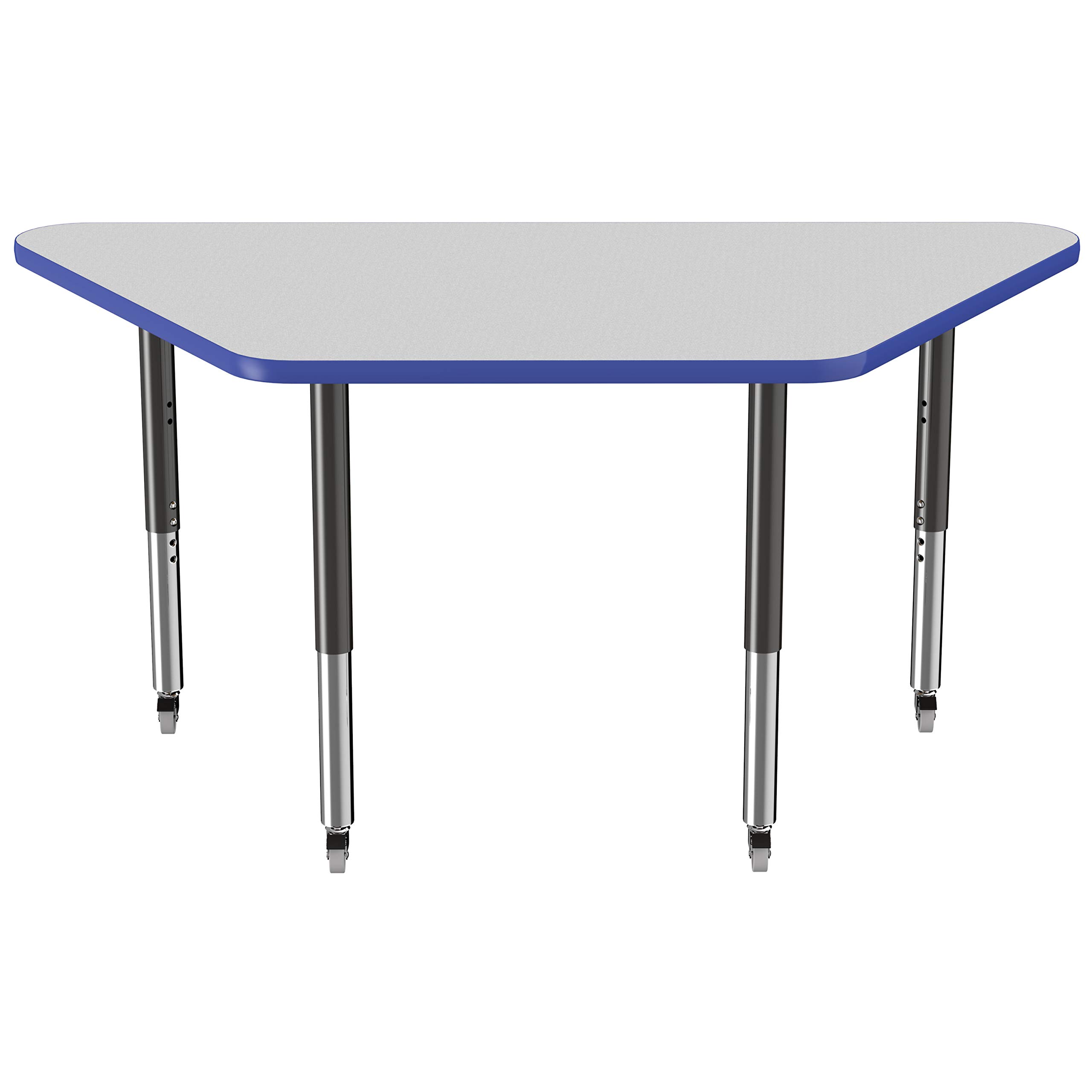 FDP Adjustable Height Mobile Trapezoid Activity Table - 30 x 60 Inch School & Office Desk with Casters, Gray Top & Blue Edge for Collaborative Workspaces | Perfect for Classrooms, Meeting Rooms & Coworking Spaces