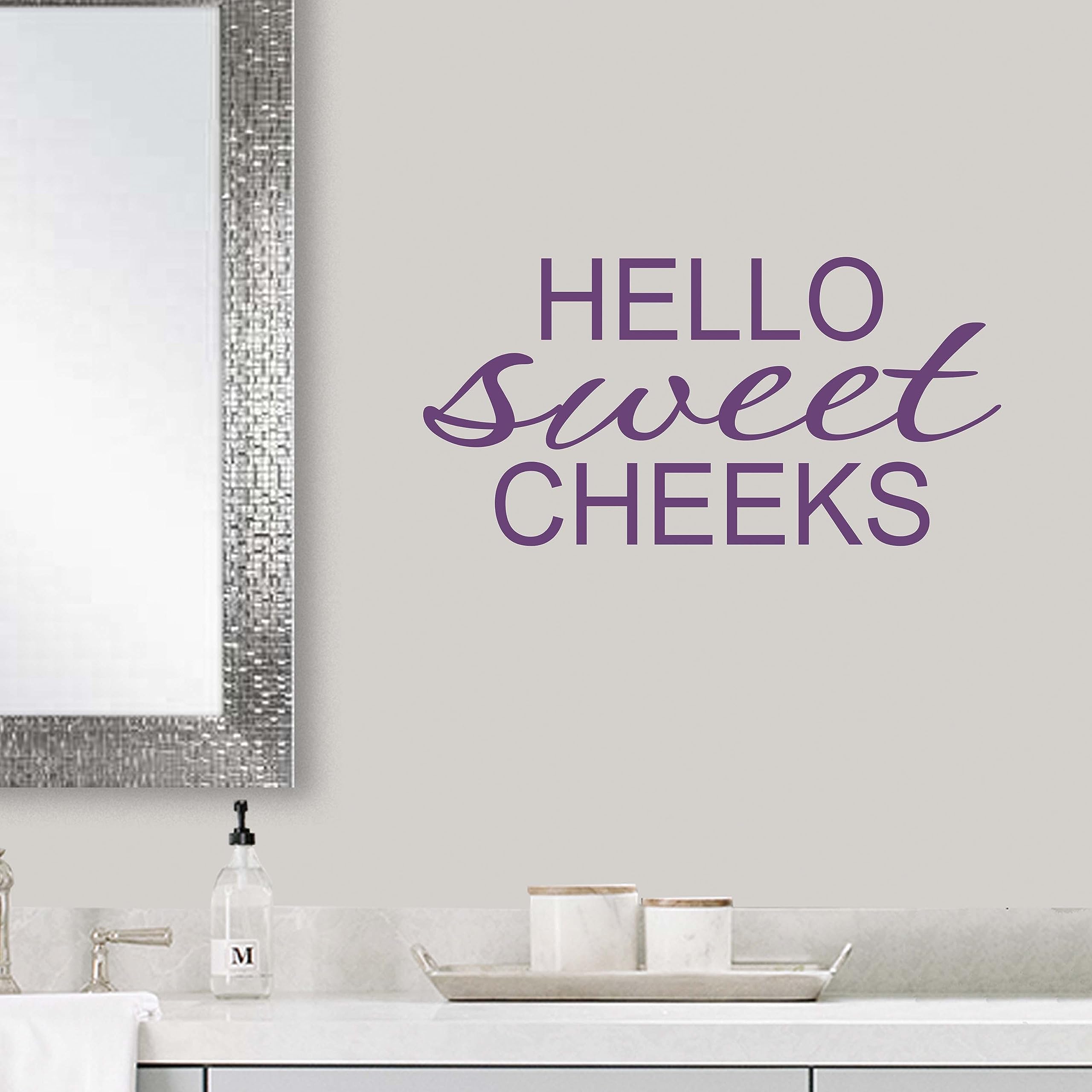 Hello Sweet Cheeks Wall Decal Stickers - Funny Bathroom Wall Decor for Home & Office - Removable Vinyl Decals in Purple - Perfect for Bathroom, Nursery, or Dorm Room Decor