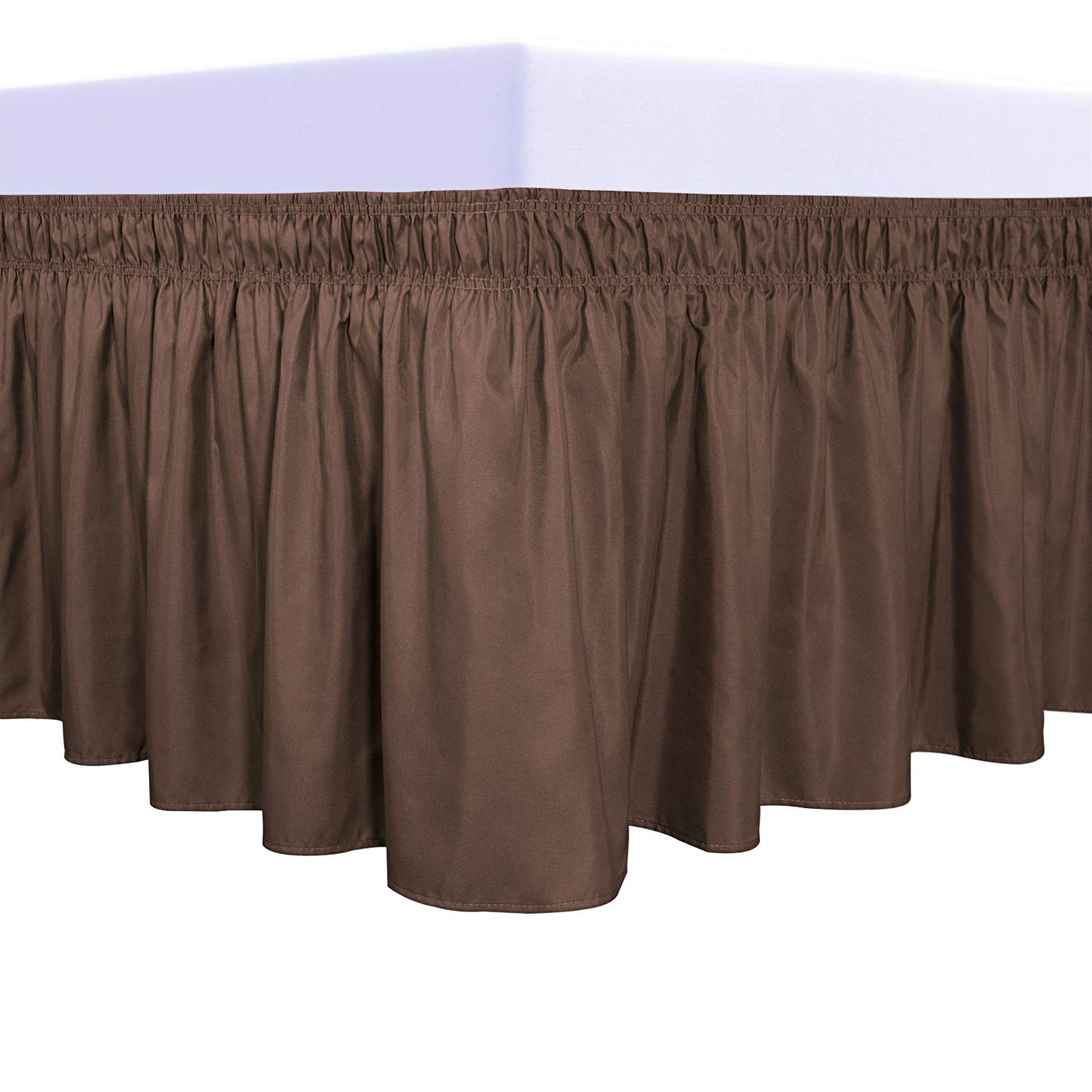PureFit Wrap Around Ruffled Bed Skirt with Adjustable Elastic Belt - 14 Inch Drop, Easy to Install Wrinkle-Free Dust Ruffle for Queen, King & California King Beds (Brown) | Perfect Bed Frame Cover for Hotels, Guest Rooms & Master Bedroom Decor