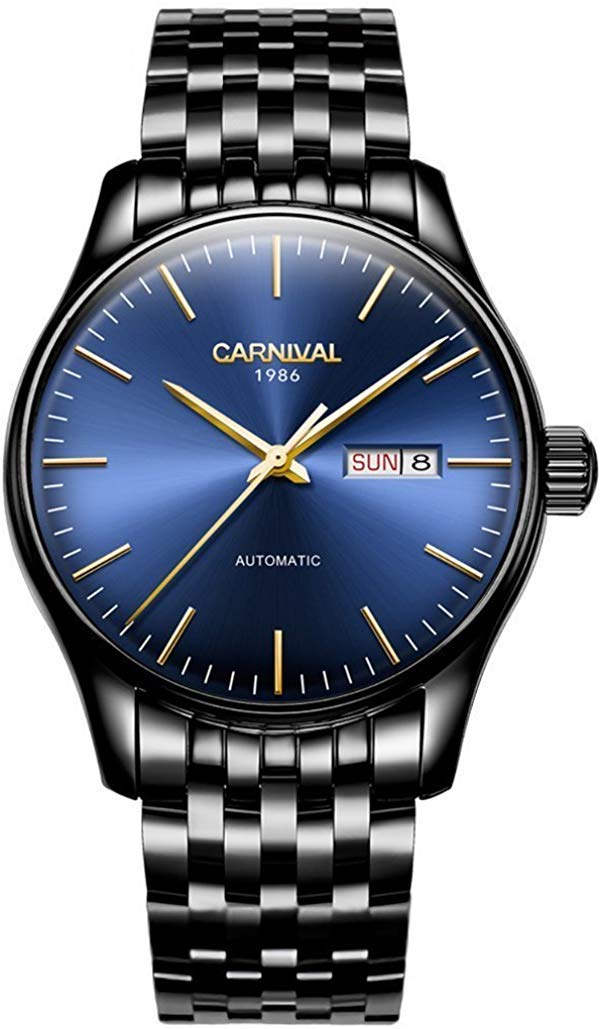Gosasa Men's Automatic Mechanical Stainless Steel Watch - Ultra Thin Simple Day Date Waterproof Wristwatch for Business & Casual (Black/Blue) | Perfect for Office, Dating & Everyday Wear