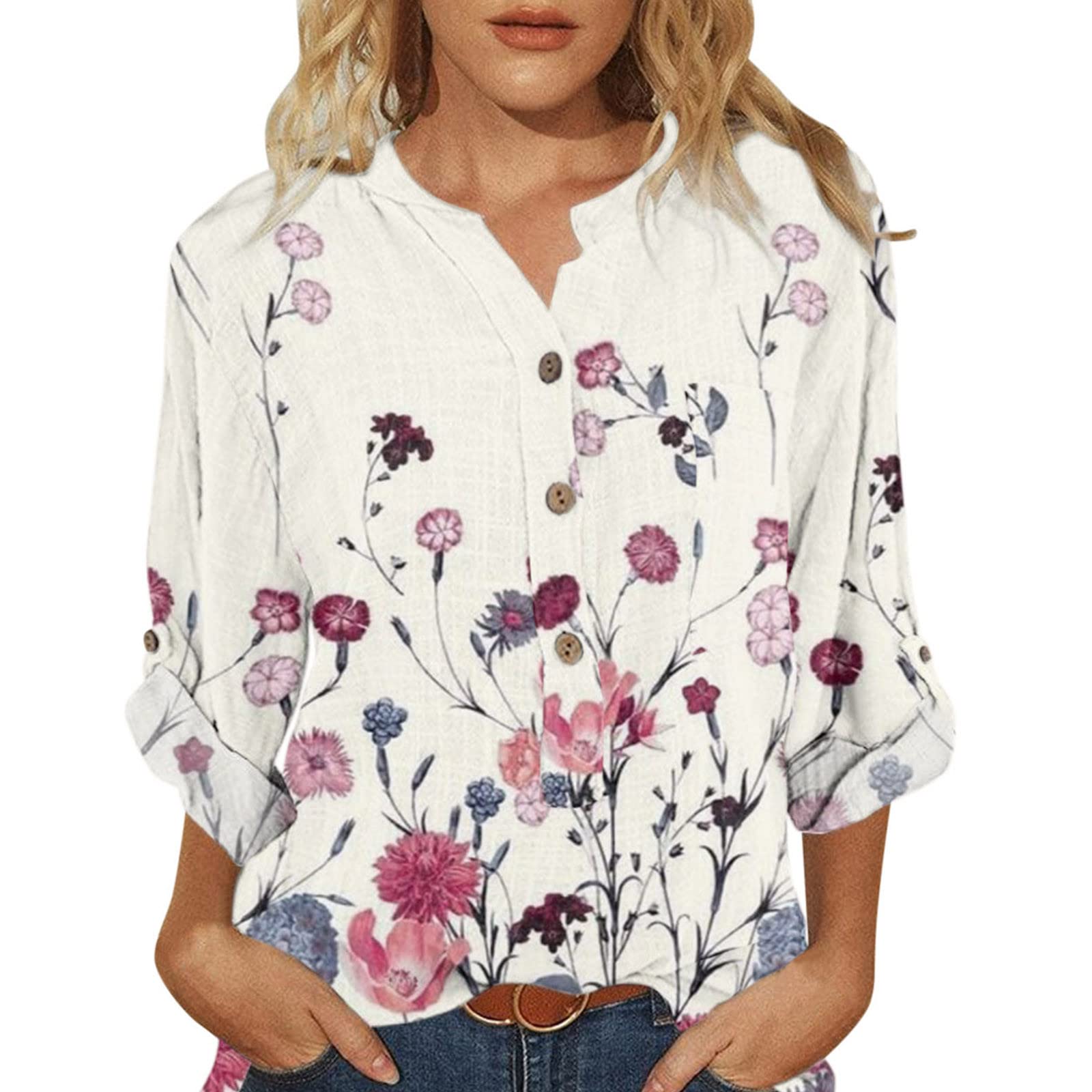 Boho Floral Print Women's T-Shirt - Casual Button Neck Long Sleeve Blouse for Summer | Perfect for Beach Outings, Music Festivals & Boho Chic Style