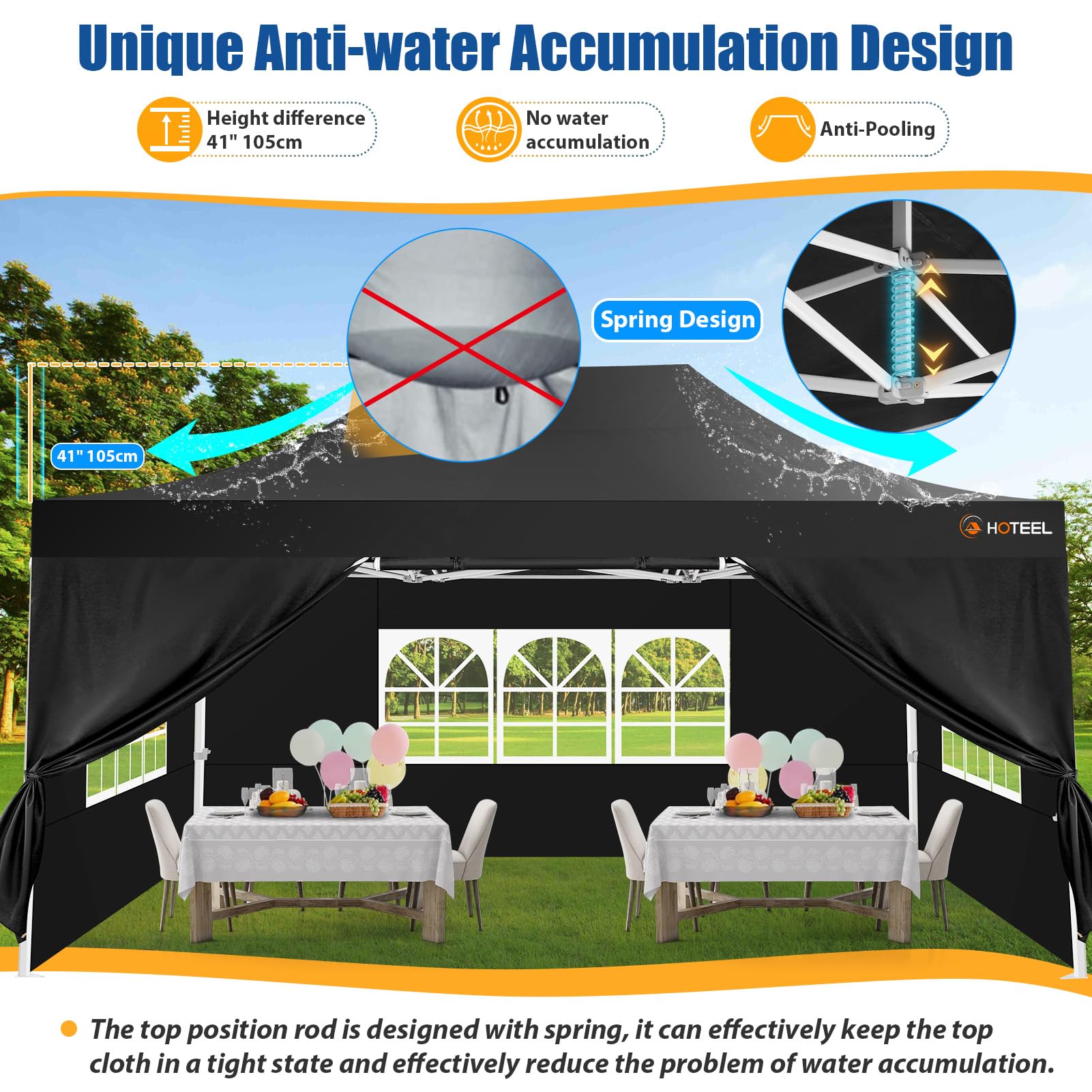 HOTEEL 10x15 Heavy Duty Pop Up Canopy Tent - Easy Setup Commercial Gazebo with 4 Sidewalls, Roller Bag & Sand Bags - Hexagonal Frame for Outdoor Weddings, Parties, Events & Camping (Black)