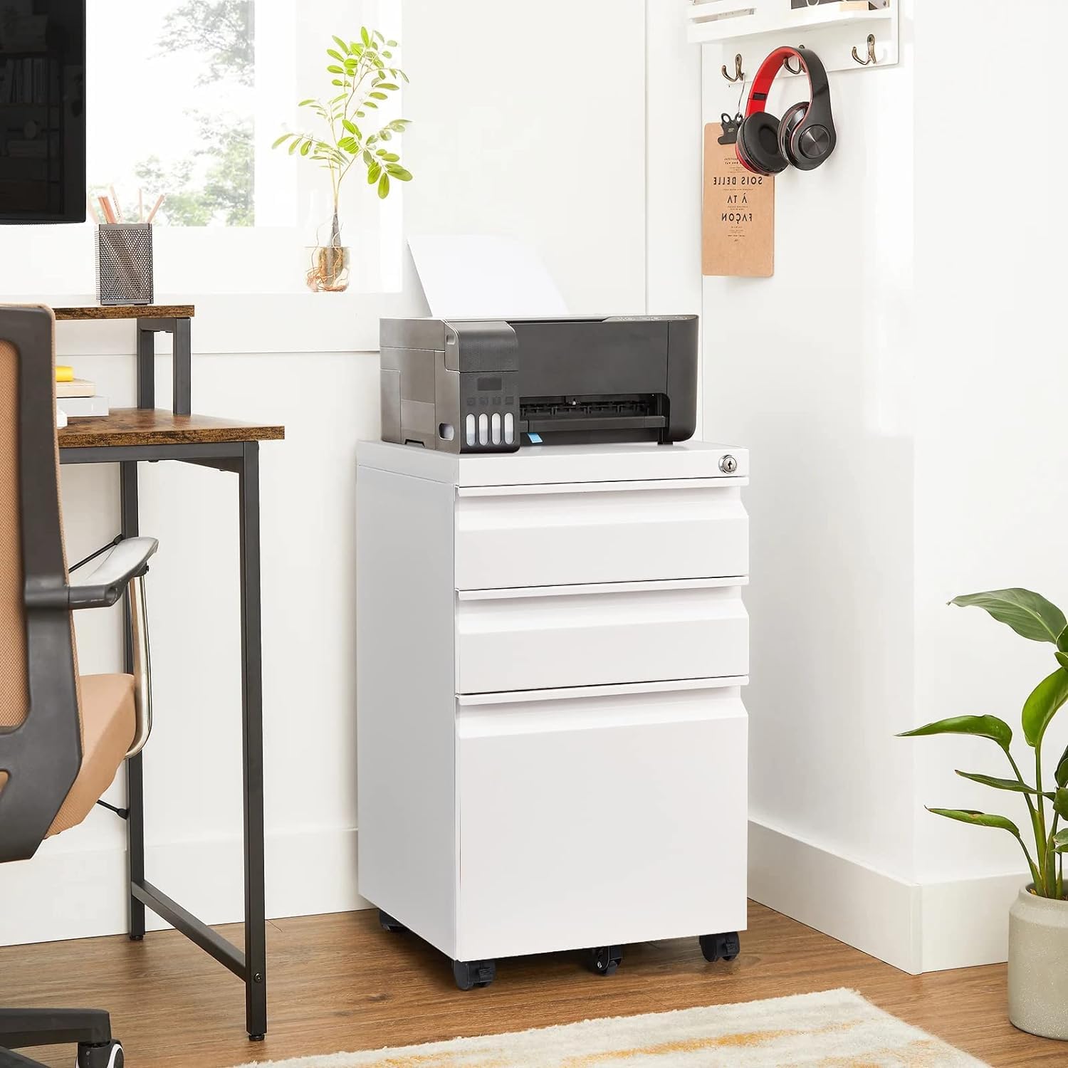 3 Drawer Locking File Cabinet for Home Office - Fully Assembled Mobile Storage for A4, Letter & Legal Size Documents - Under Desk Organizer for Papers, Folders & Office Supplies (White)