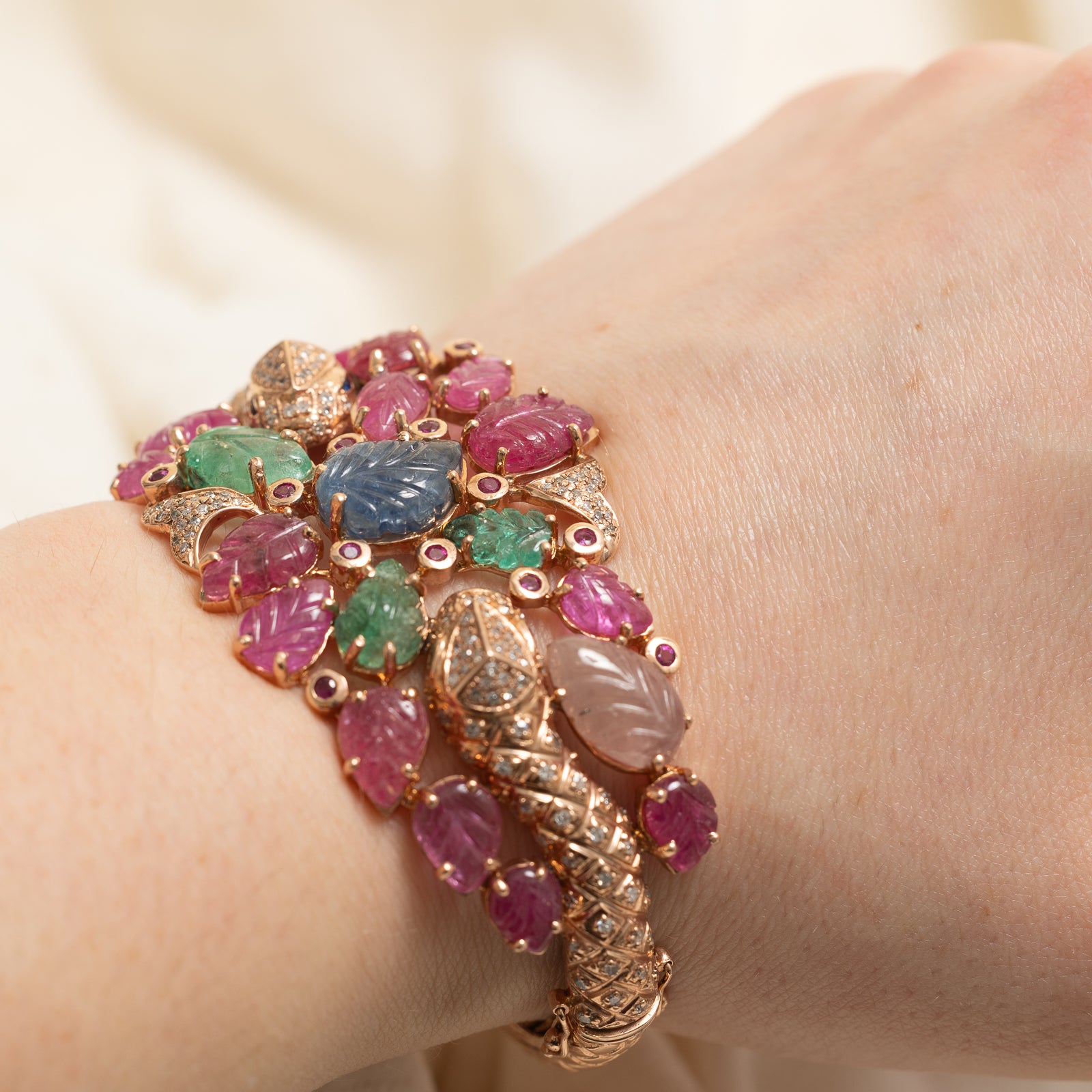 14K Vintage Tutti Frutti Snake Bangle Bracelet - 0.85ctw Gemstones & 34.56ctw Total Weight - 8 Inch Adjustable for Women - Perfect for Boho Fashion, Parties & Gift Giving