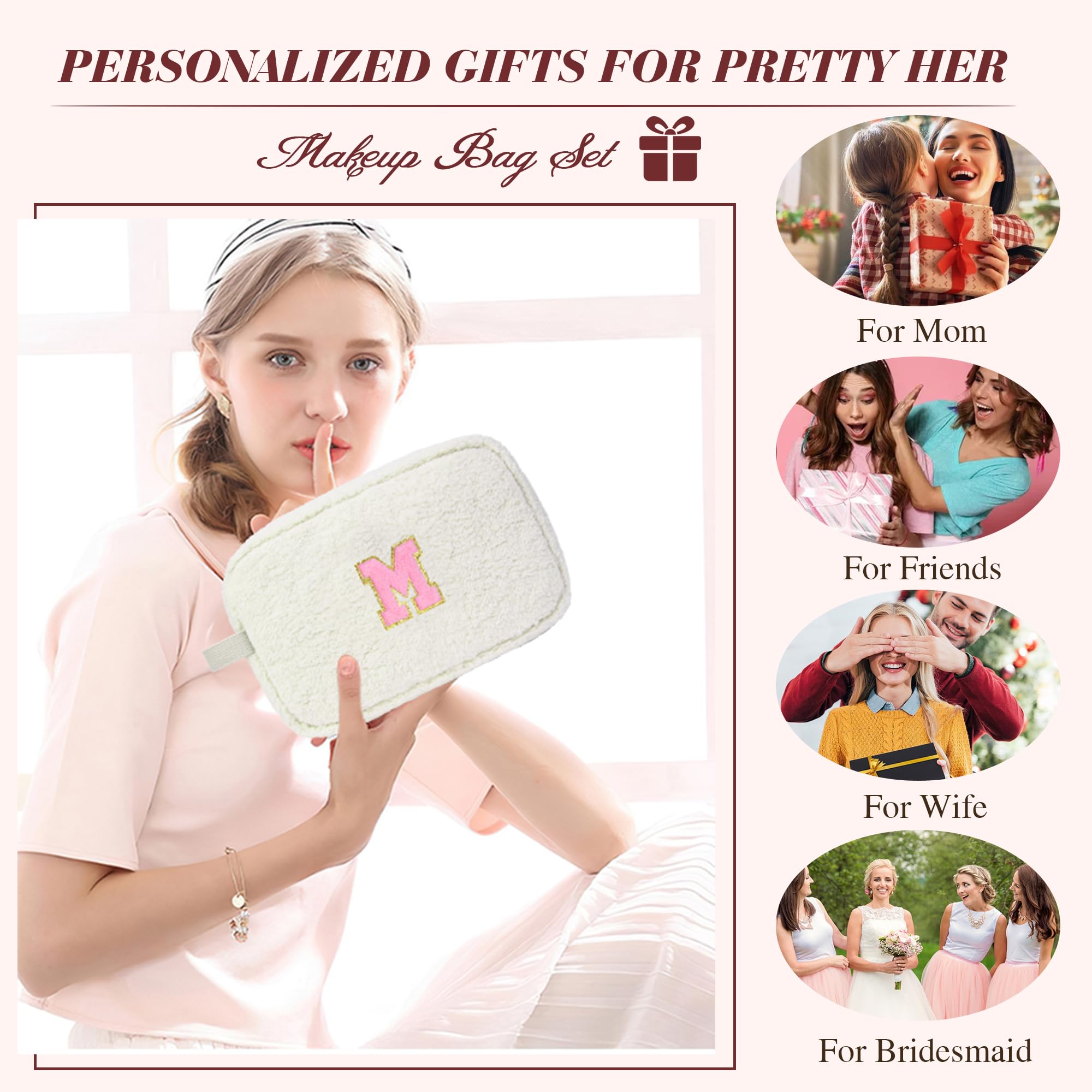 Personalized Monogrammed Makeup Bag for Women & Teens - Cute Travel Cosmetic Pouch for Girlfriend, Sister, Daughter - Trendy Preppy Toiletry Bag Gift (White) - Perfect for Travel, School & Daily Essentials Organization