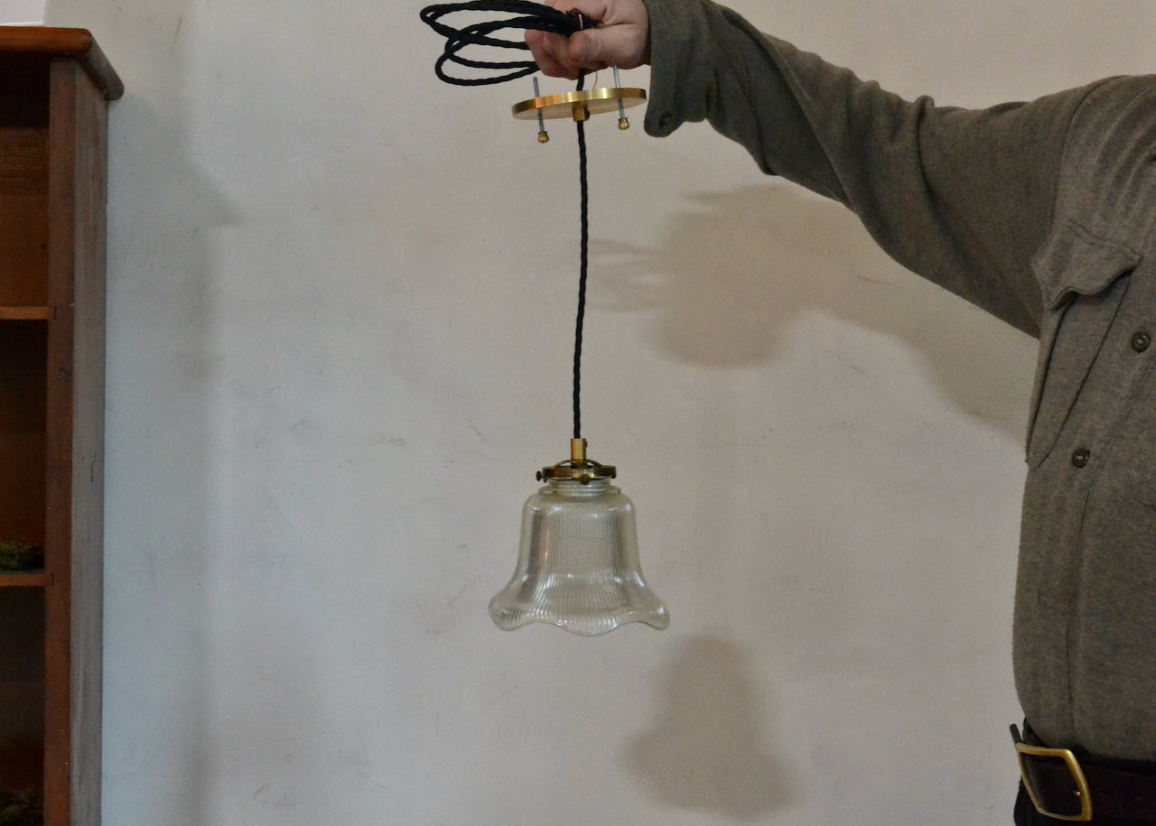 Vintage Holophane Glass Pendant Light with Brass Fixture - Perfect for Farmhouse, Industrial & Retro Home Decor