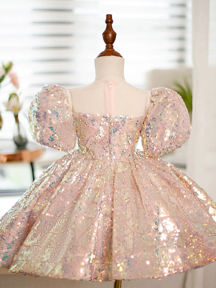 Pink Princess Square Tea Length Sequined Flower Girl Dress for Weddings, Bridal Party & Special Occasions - Elegant Flower Girl Attire