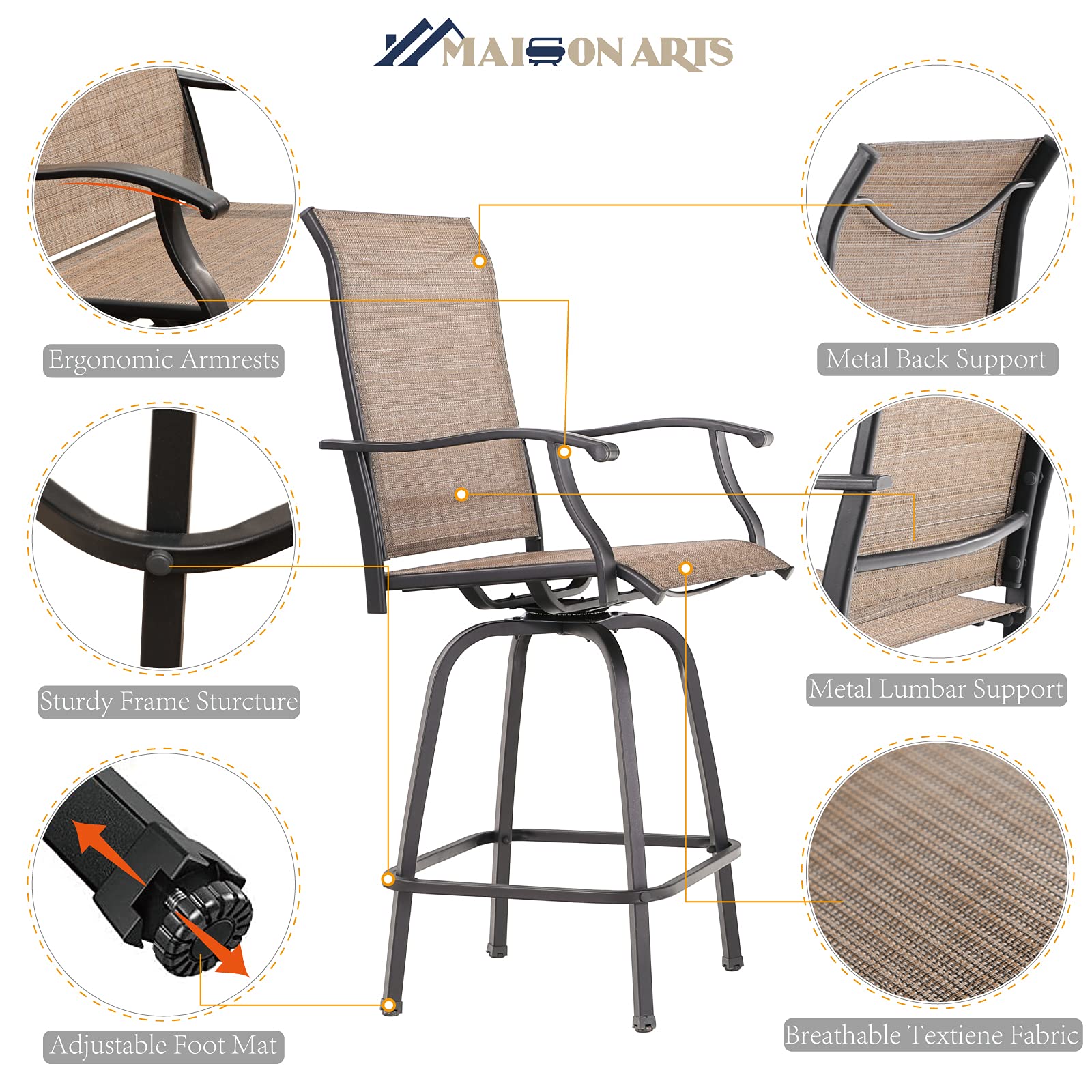 MAISON ARTS Patio Chairs Set of 2 - Swivel Outdoor Bar Stools with High Back, 300 lbs Capacity Bar Height Patio Furniture for Deck, Backyard, Garden - Perfect for Outdoor Dining, Lounging, and Entertaining
