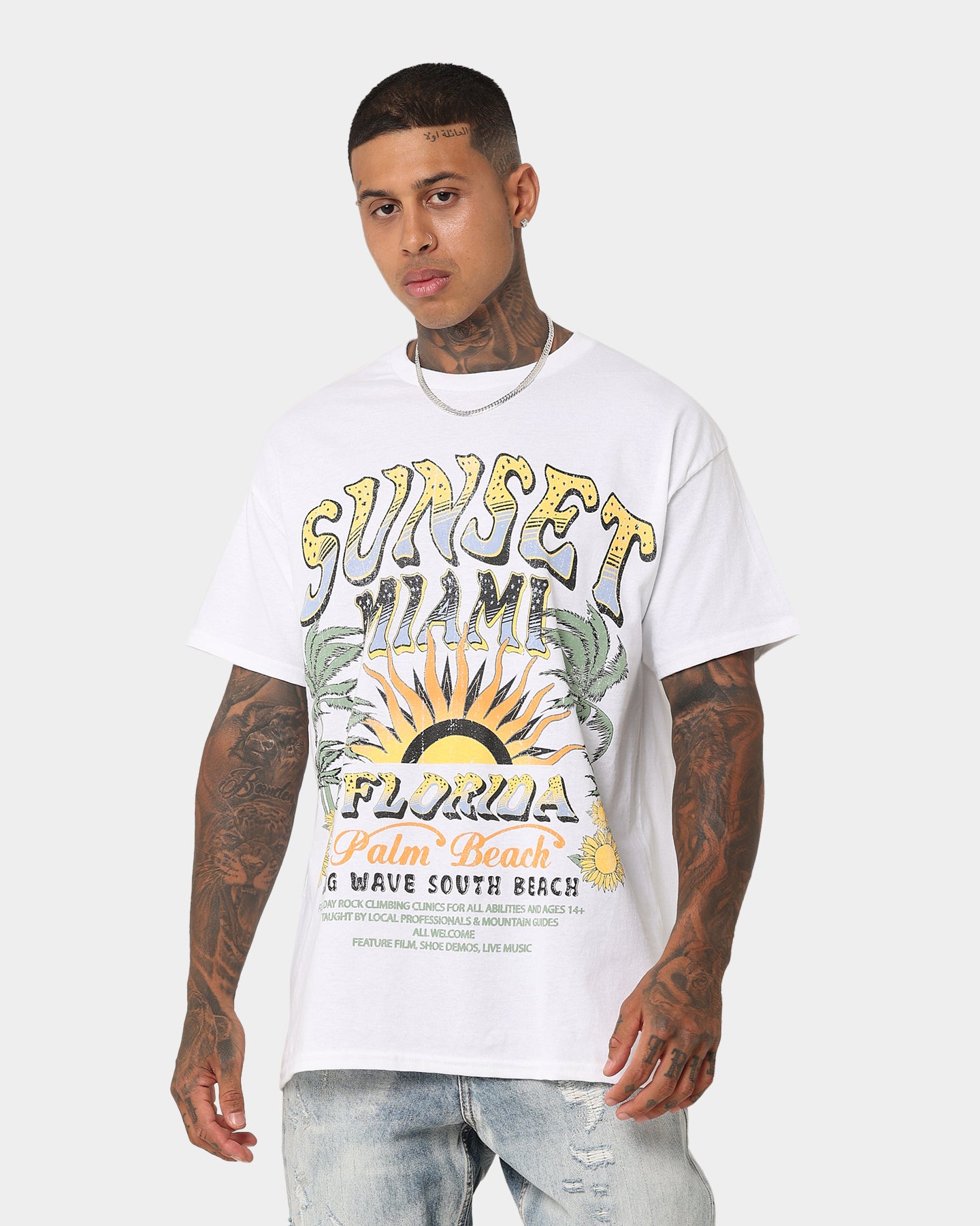 Vintage Miami Sunset Graphic T-Shirt - Retro American Thrift Style White Tee for Men & Women - Perfect for Beach, Travel, and Casual Outfits