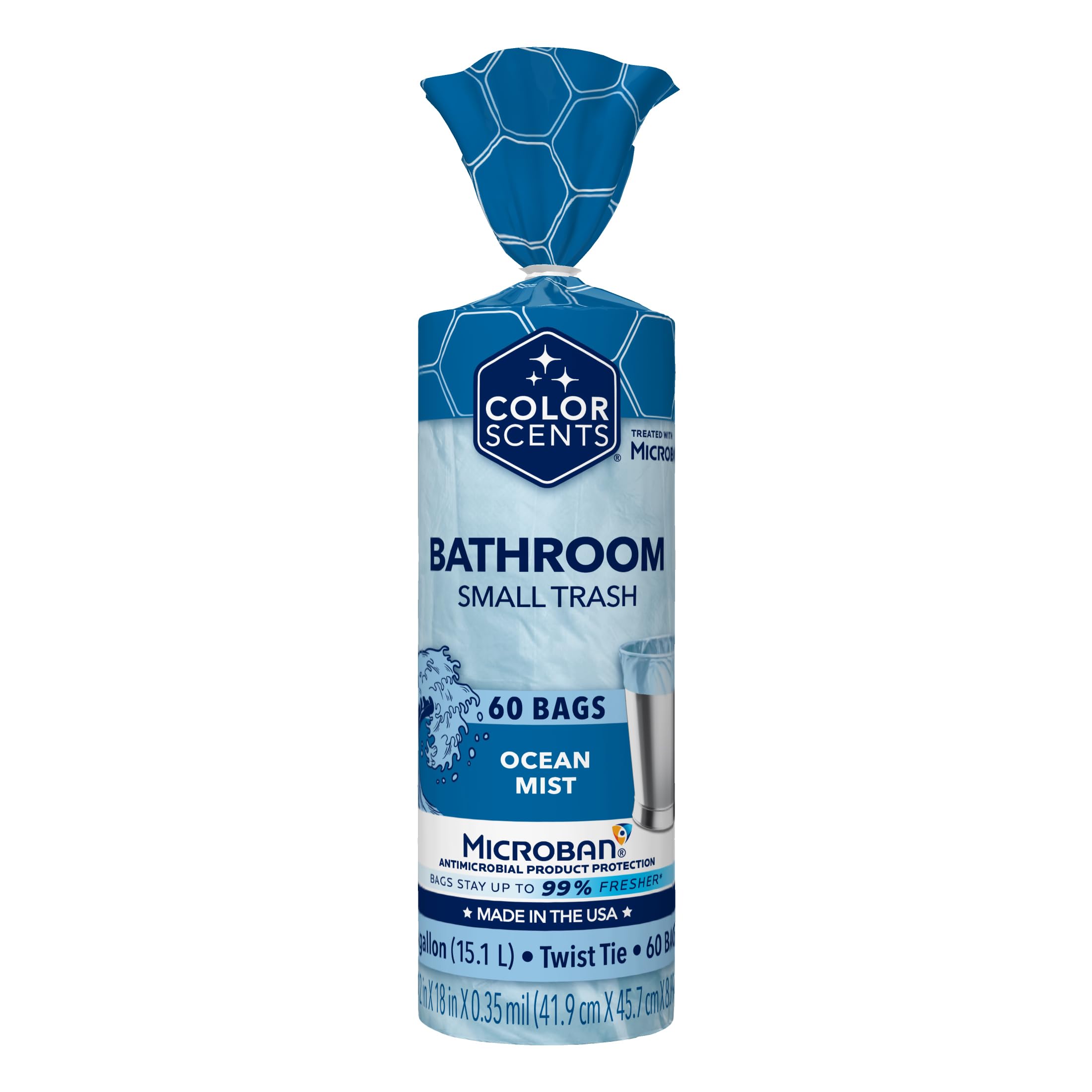 Color Scents 4 Gallon Small Trash Bags - 60 Count Pack with Twist Tie, Light Blue Ocean Mist Scent & Microban Protection | Perfect for Bathrooms, Offices, and Bedrooms