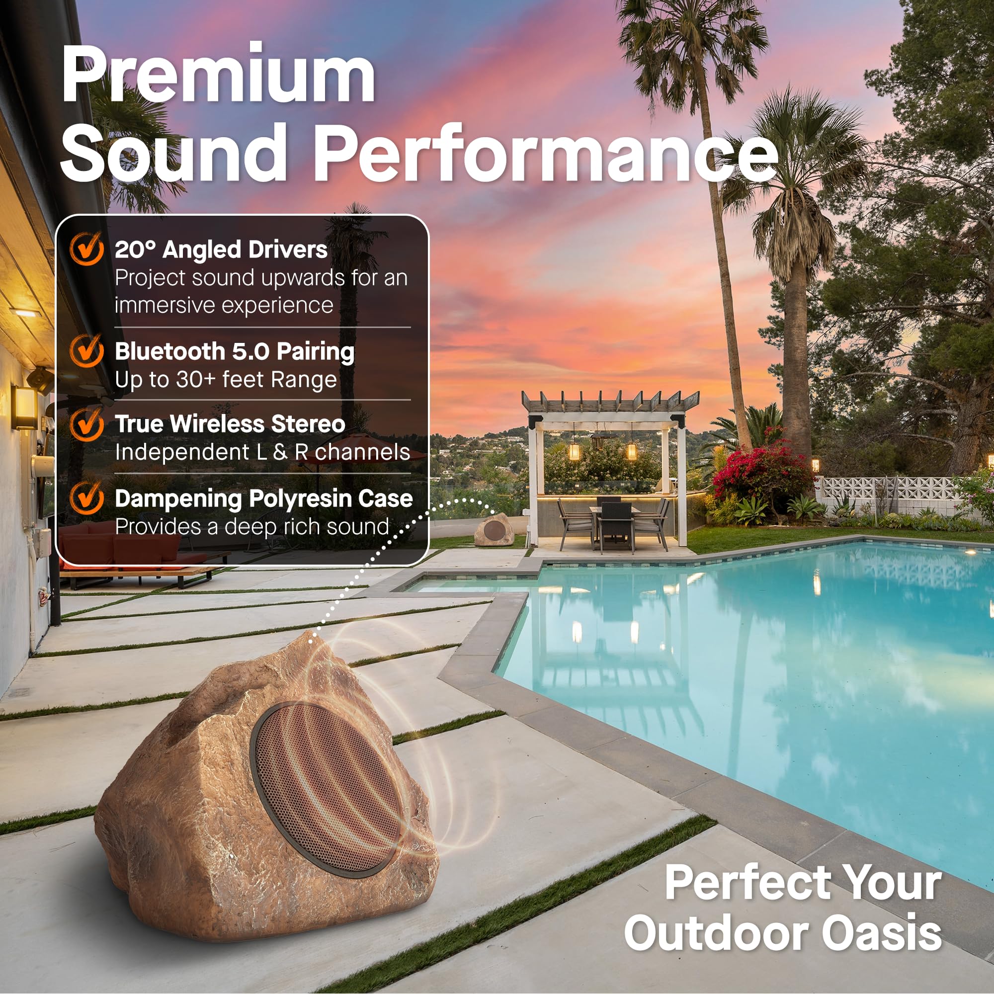 Homewell Solar Rock Speakers - Outdoor Waterproof Bluetooth Wireless Speakers - Weatherproof Landscape Speakers for Pool, Patio, Deck, Backyard, Garden - Year Round Outdoor Use - Perfect for Parties, Camping, and Beach Gatherings (2-Pack, Brown)